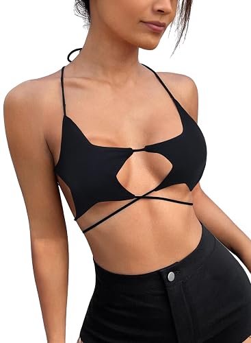 Rave Star Top for Women - Halloween Sexy Halter Crop Backless Bra Music Festival Crisscross Straps Concert Outfits - X-Small - Pure Black Starlink