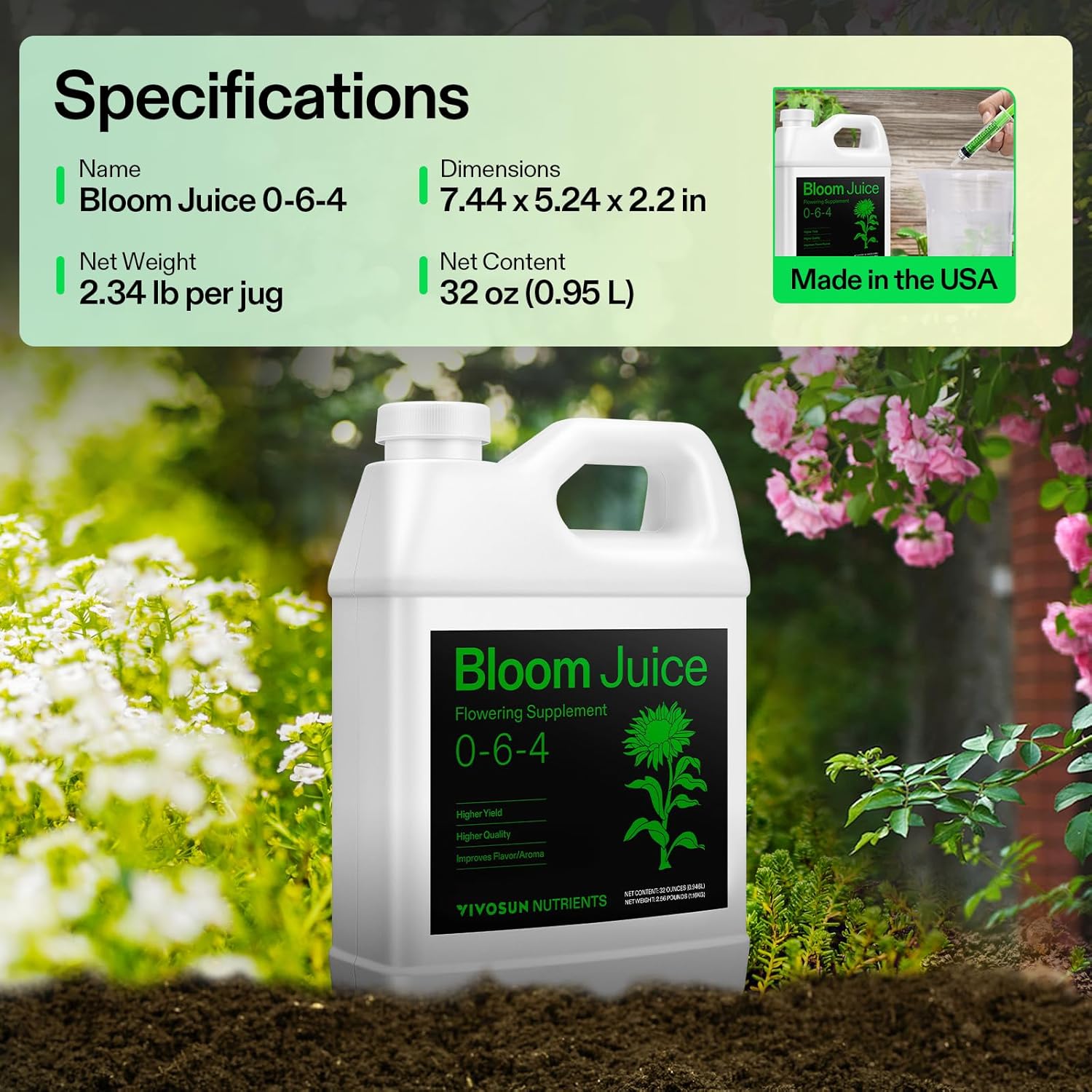 VIVOSUN Bloom Juice (0-6-4), Flowering Supplement Liquid Fertilizer for Flowering Stage, Concentrated Plant Food for All Flowering Plants, 32 Ounces/1 Quart - Image 7