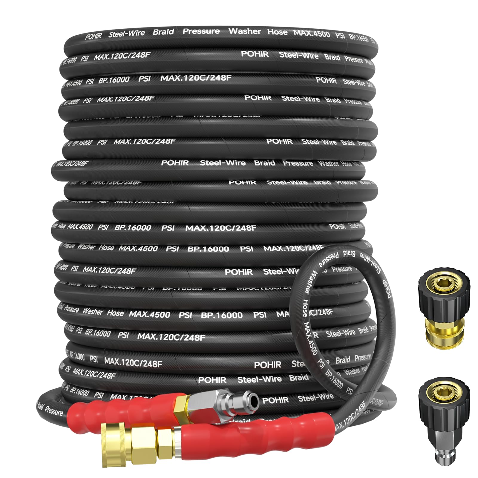 POHIR Pressure Washer Hose 100ft, 3/8'' Power Washing Hose 4500PSI Steel Wire Braided with Swivel 3/8inch Quick Connector & 2pcs M22 Adapter for Cold and Hot Water 248°F
