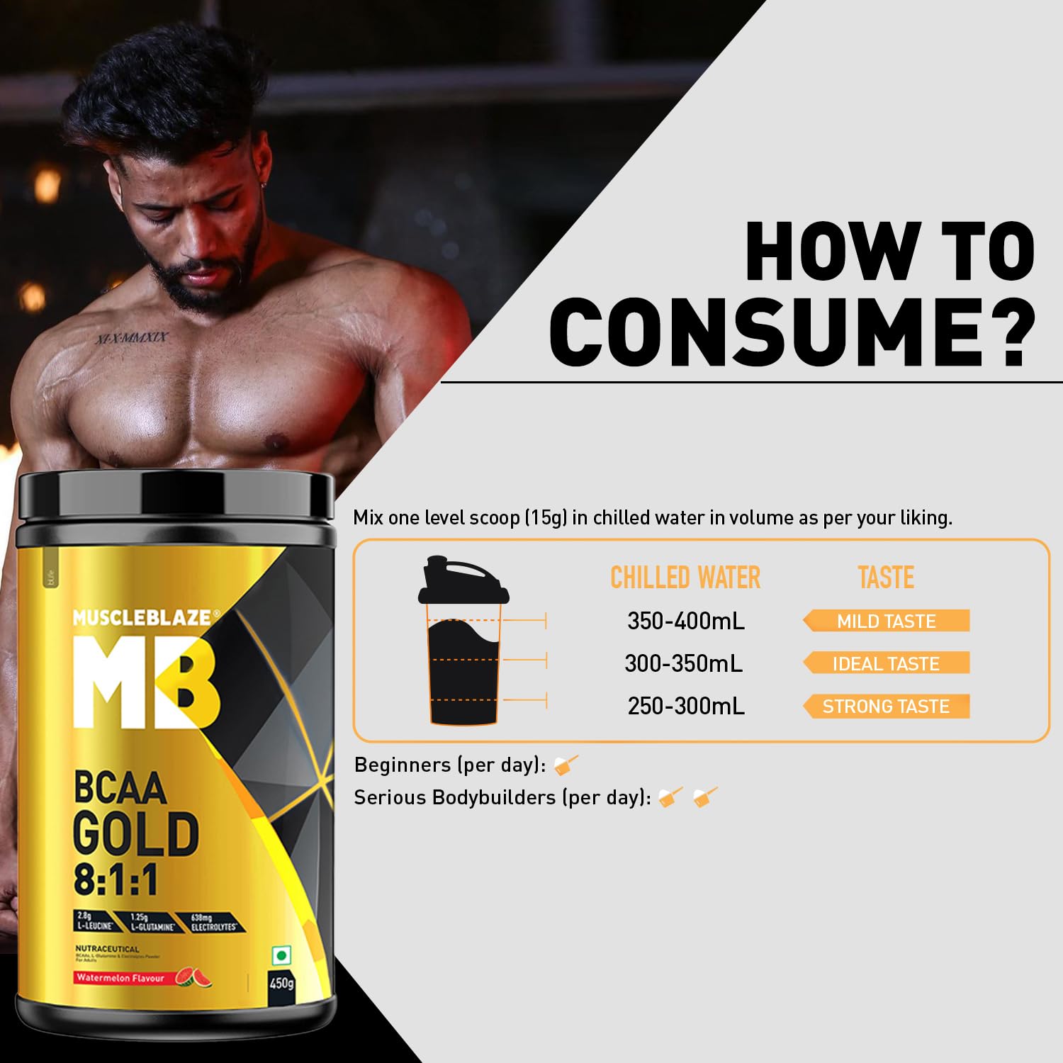 MuscleBlaze BCAA Gold 8:1:1 Powder, Watermelon (60 Servings, 450g) | With Higher Leucine, Electrolytes & Glutamine - Image 4 thumbnail