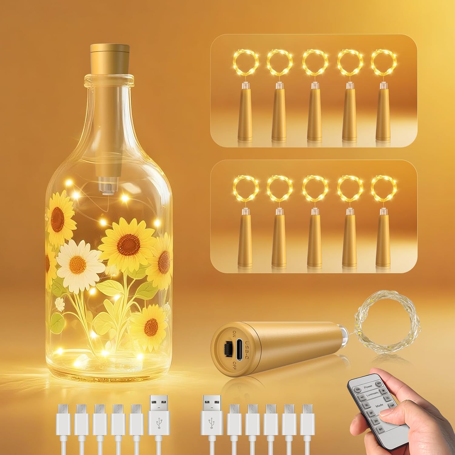 Ymenow USB Wine Bottle Lights with Cork, 10pcs LED Mini Fairy Lights Rechargeable with Timer Remote, Indoor String Lights for DIY Bottles Christmas Tree Halloween Room Gift Decor, Warm White