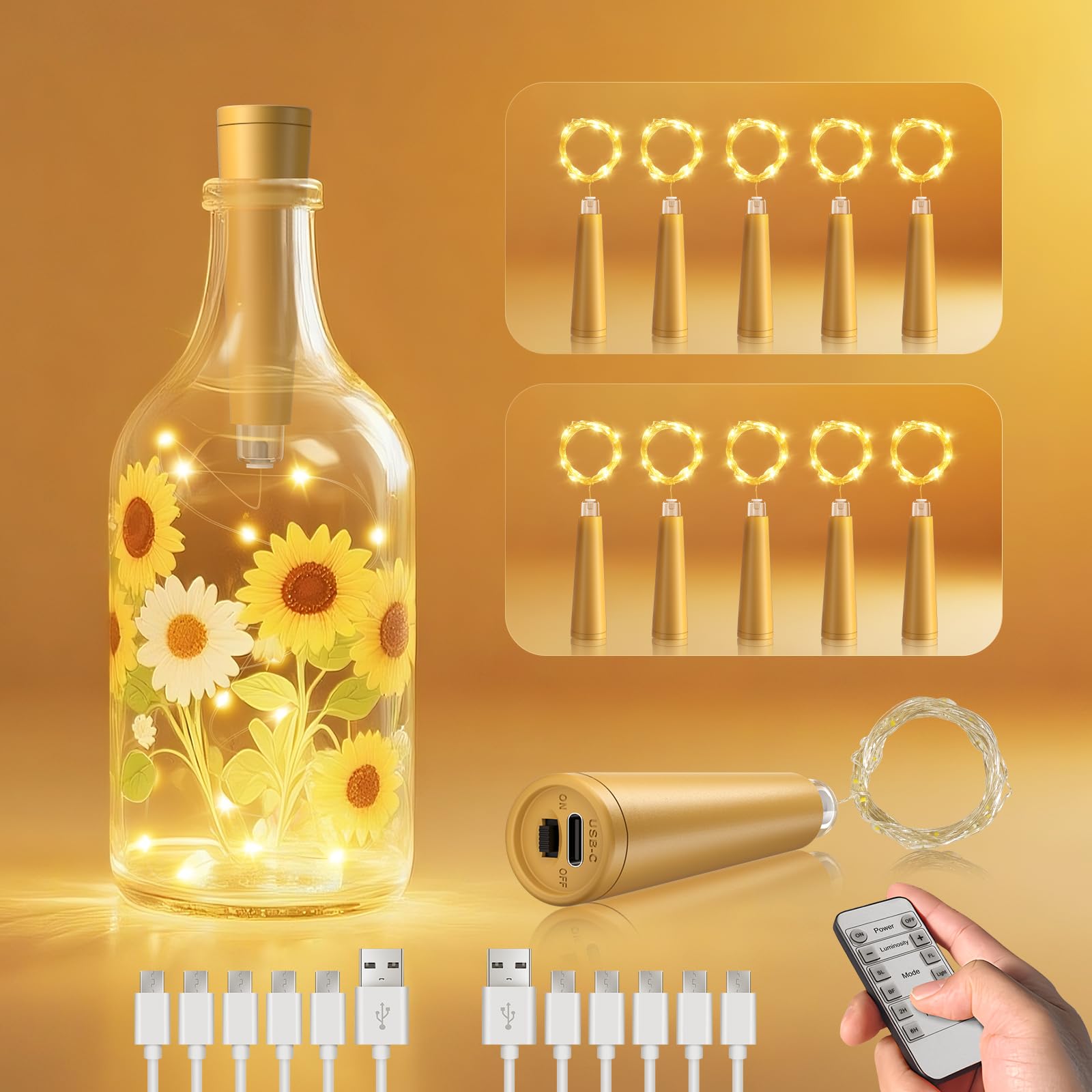 Ymenow Rechargeable Bottle Lights with Remote & Timer, 10pcs LED Cork Light — image 1