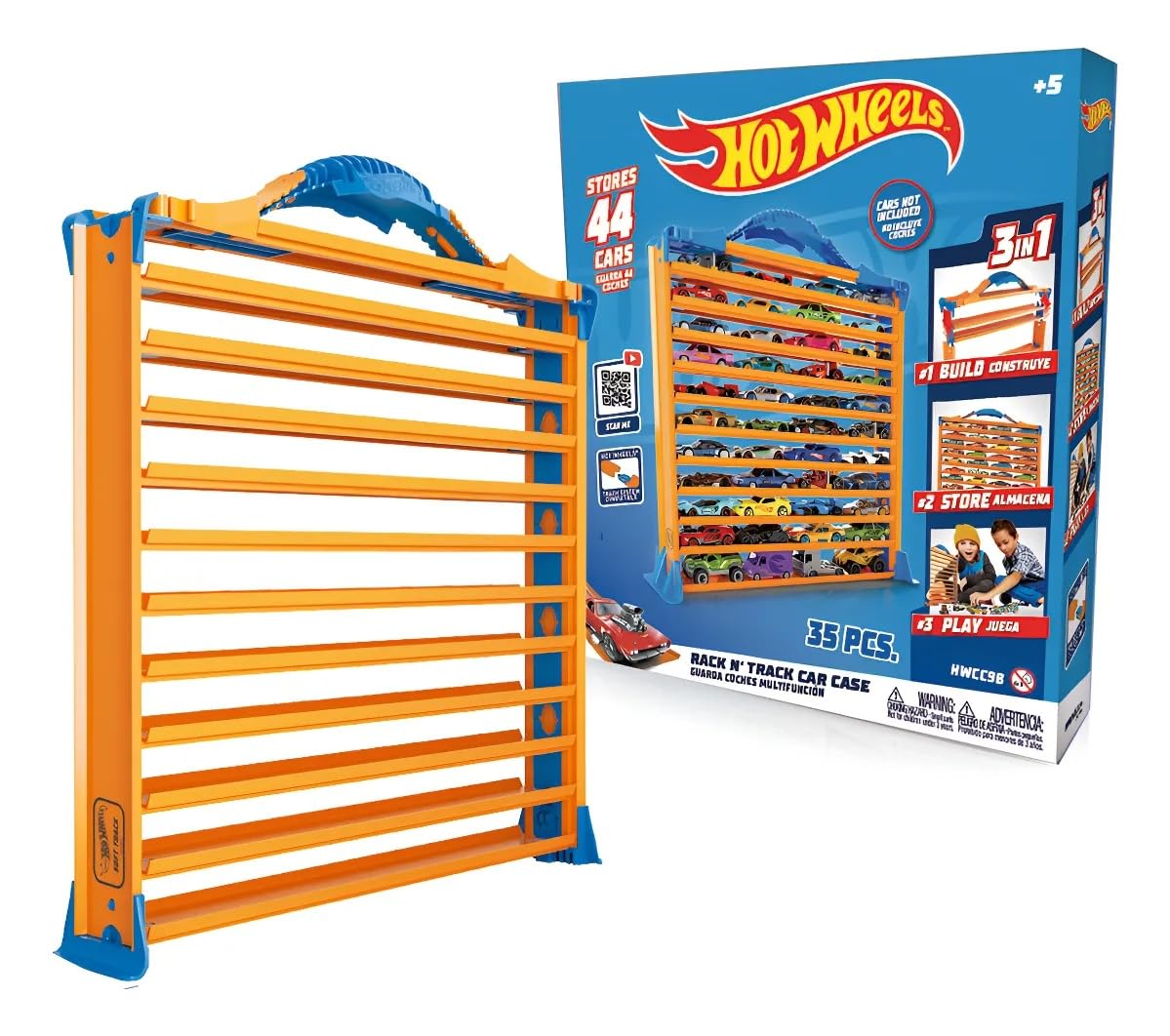 Rack N' Track Cars & Toys Organizer Storage with 44 Compartments - IMPROVED - Toy Display Case, Multi-Coloured, Cars are not included. (HWCC9B)