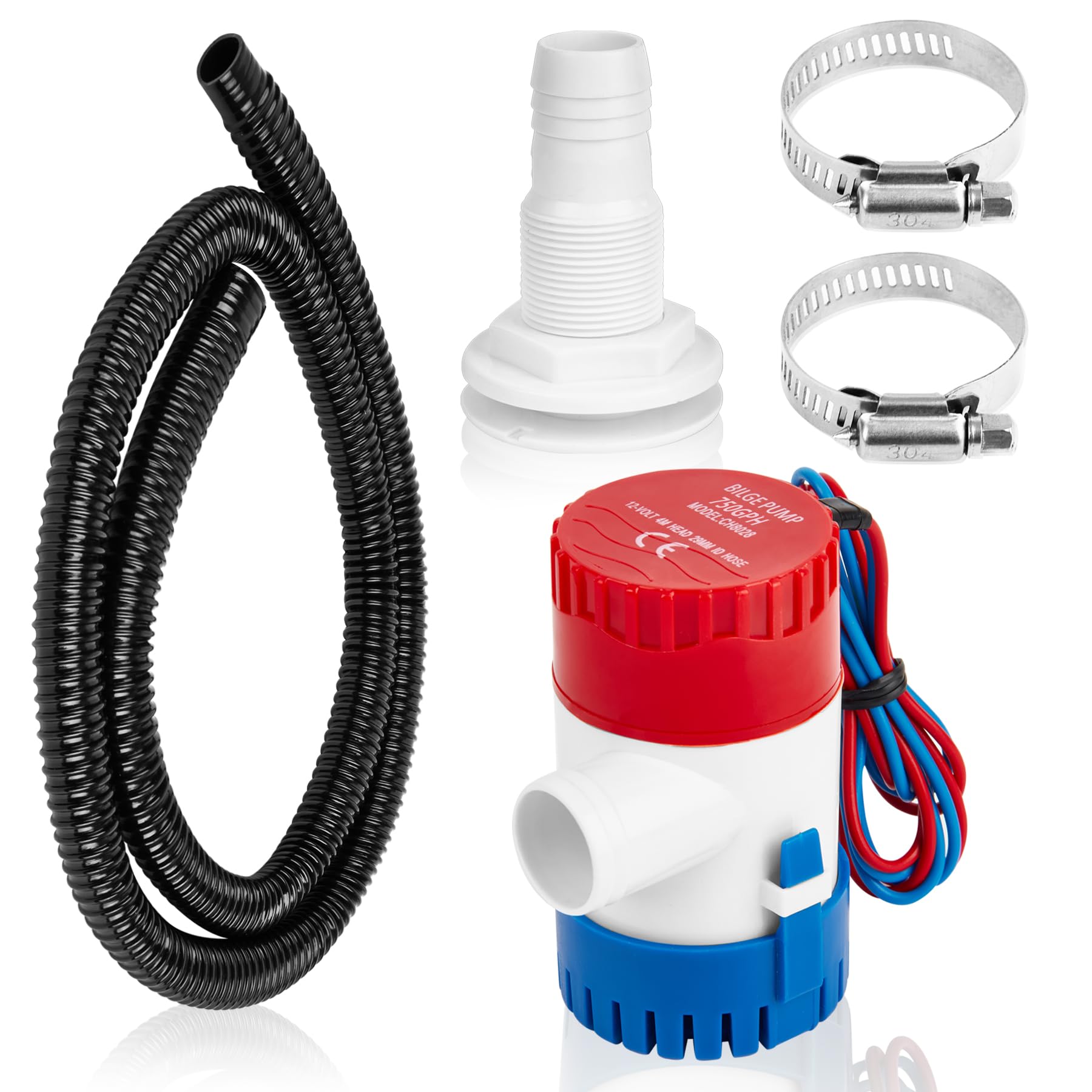 Pompe de cale 12V 750 GPH avec tuyau de 1,8m et raccord pour bateau