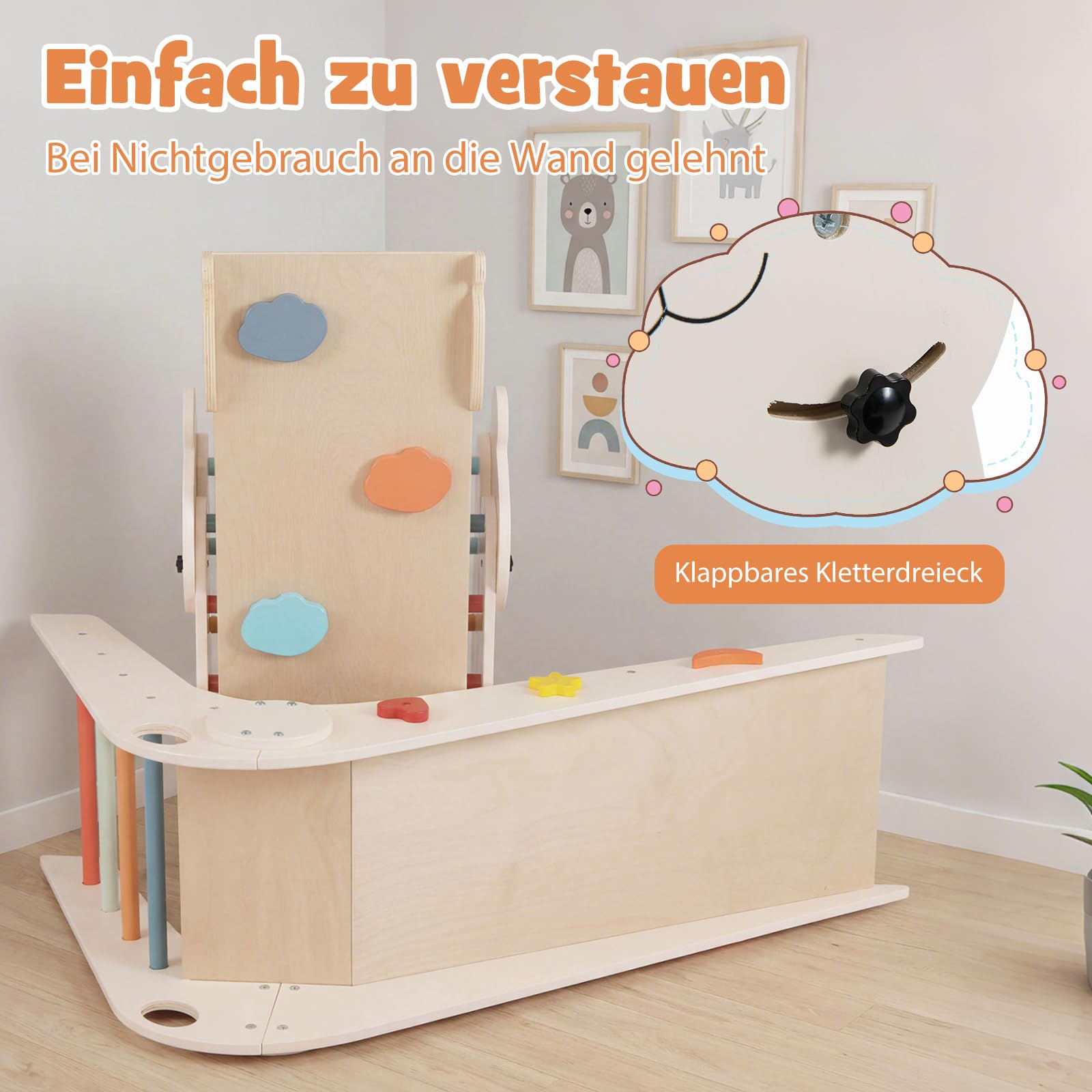 COSTWAY Kletterdreiecke Indoor 3er Set, klappabres Kletterdreieck mit Rutsche, Rampe, Kletterleiter, inkl. Baustein Set, Klettergerüst Holz, Sprossendreieck für Kinder ab 3 Jahr (Macaron)