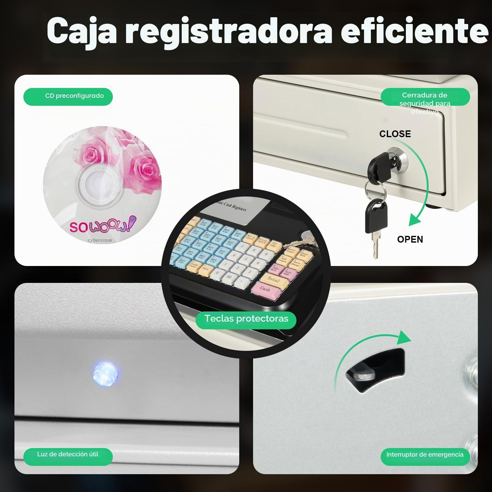 Caja registradora para comercio minorista con 48 teclas LED para gastronomía, versión inglesa