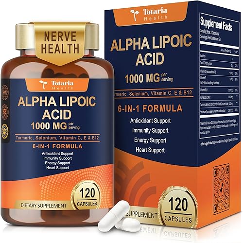 Totaria Ácido alfa lipoico de 1000 mg Suplemento de ALA antioxidante para neuropatía, apoyo a la salud nerviosa, desintoxicación hepática,