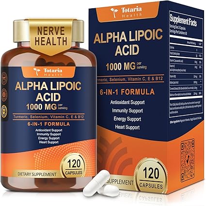 Totaria Alpha Lipoic Acid 1000mg - ALA Supplement Antioxidant for Neuropathy Support Nerve Health, Liver Detox, Antioxidant, Metabolism and Cell Energy, Anti-Aging - Non-GMO, Gluten Free, Vegan Safe