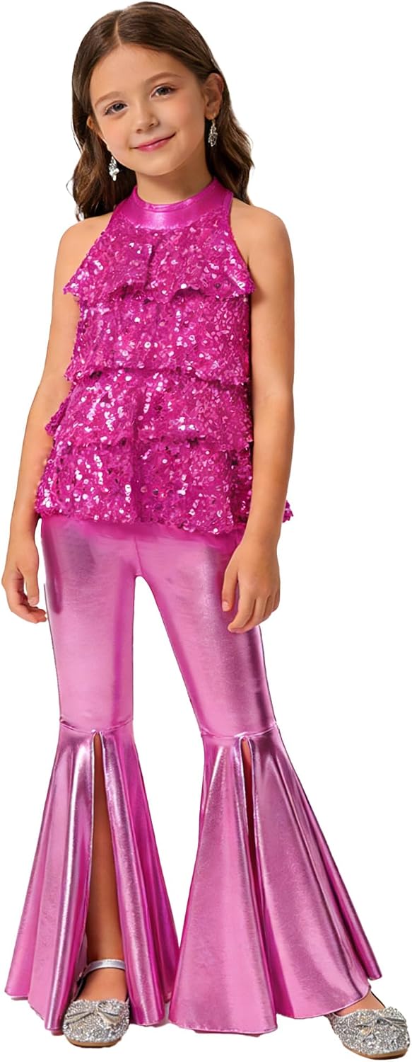 Kids Sequins Crop Tops with Metallic Pants Sets Dance Recital Outfit for Hip-hop Club Streetwear
