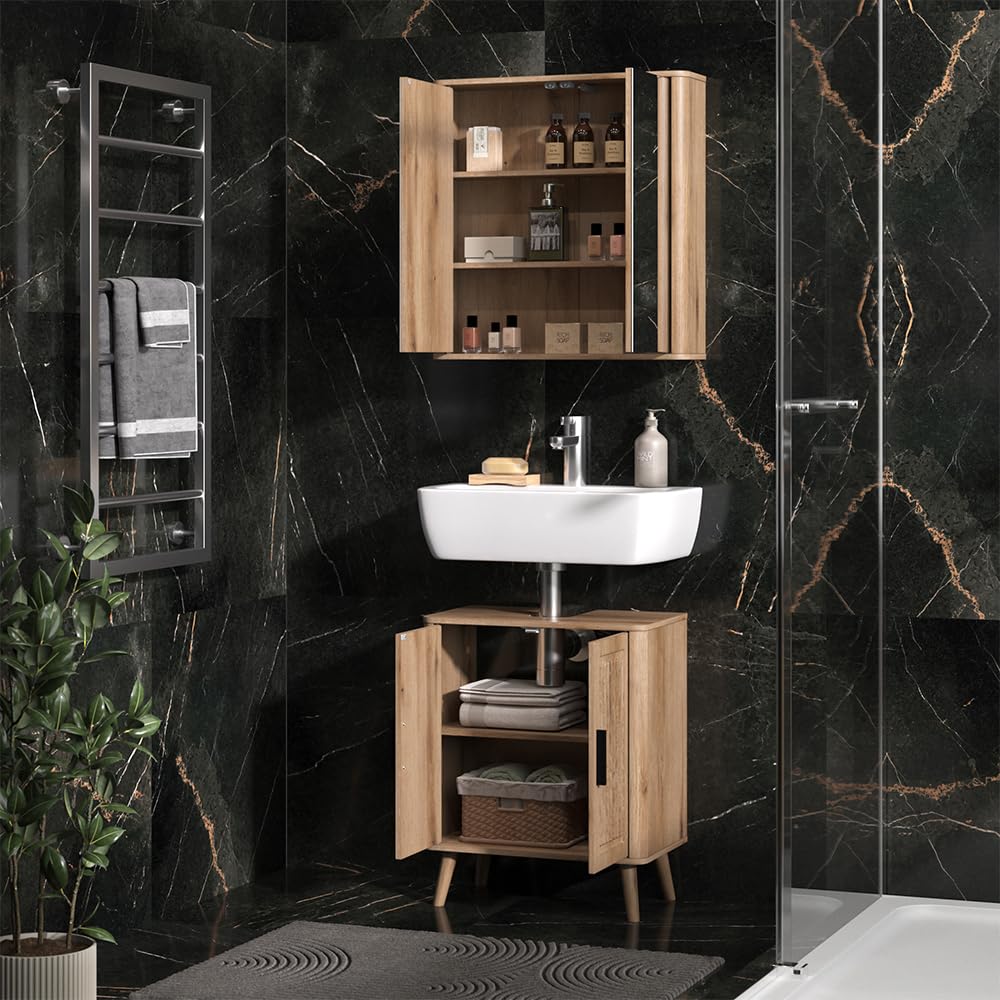 Vicco Badmöbel-Set Skara, Eiche, 48 cm, besteht aus Badspiegel und Waschbeckenunterschrank