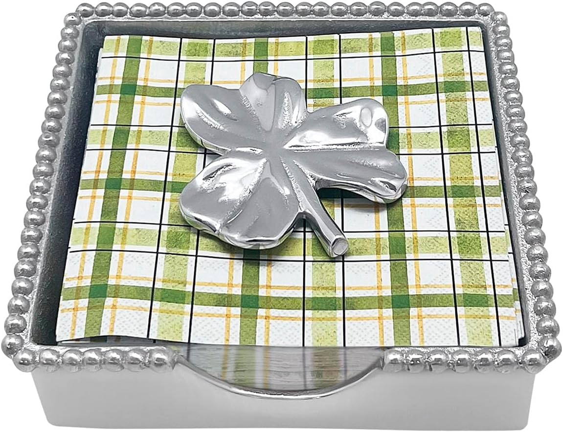 MARIPOSA SHAMROCK BEADED NAPKIN BOX SET | SILVER | BRILLANTE | GIFTS | NAPKIN BOX & WEIGHT SET | RECYCLED SANDCAST ALUMINUM | HANDMADE IN MEXICO
