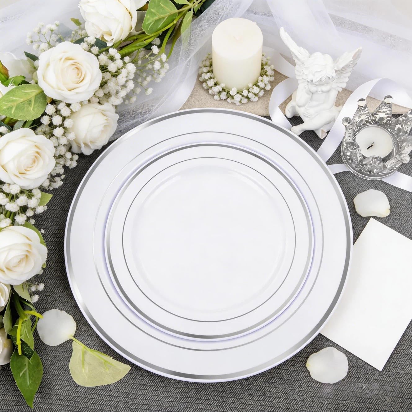 flowercat 60pcs silver plastic plates - heavy duty white and silver plastic plates disposable - include 30pcs 10.25inch dinner plates and 30pcs 7.5inch dessert plates for wedding&birthday party 60 sliver
