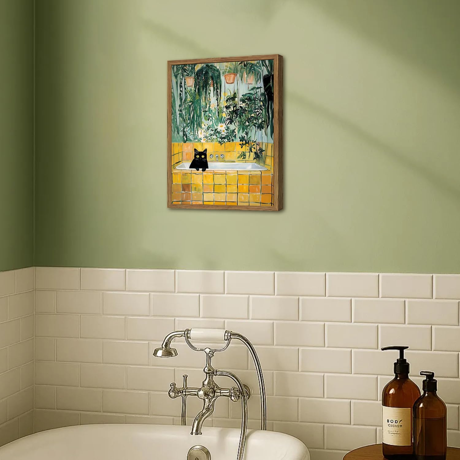 Funny Cat Bathroom Wall Art Cute Black Cat in Bathtub Wall Decor Painting Vintage Animal Bathroom Poster Canvas Picture Print 12x16 inch Wood Framed
