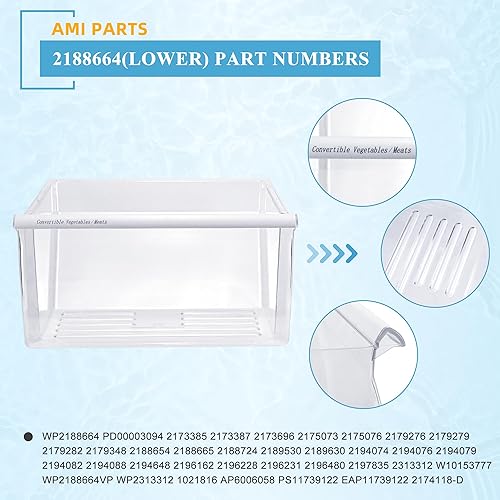 Miniatura 6 de Paquete de 2 cajones mejorados para refrigerador 2188656 (superior) y 2188664 repuesto de cajón para verduras (inferior) compatible con refrigerador