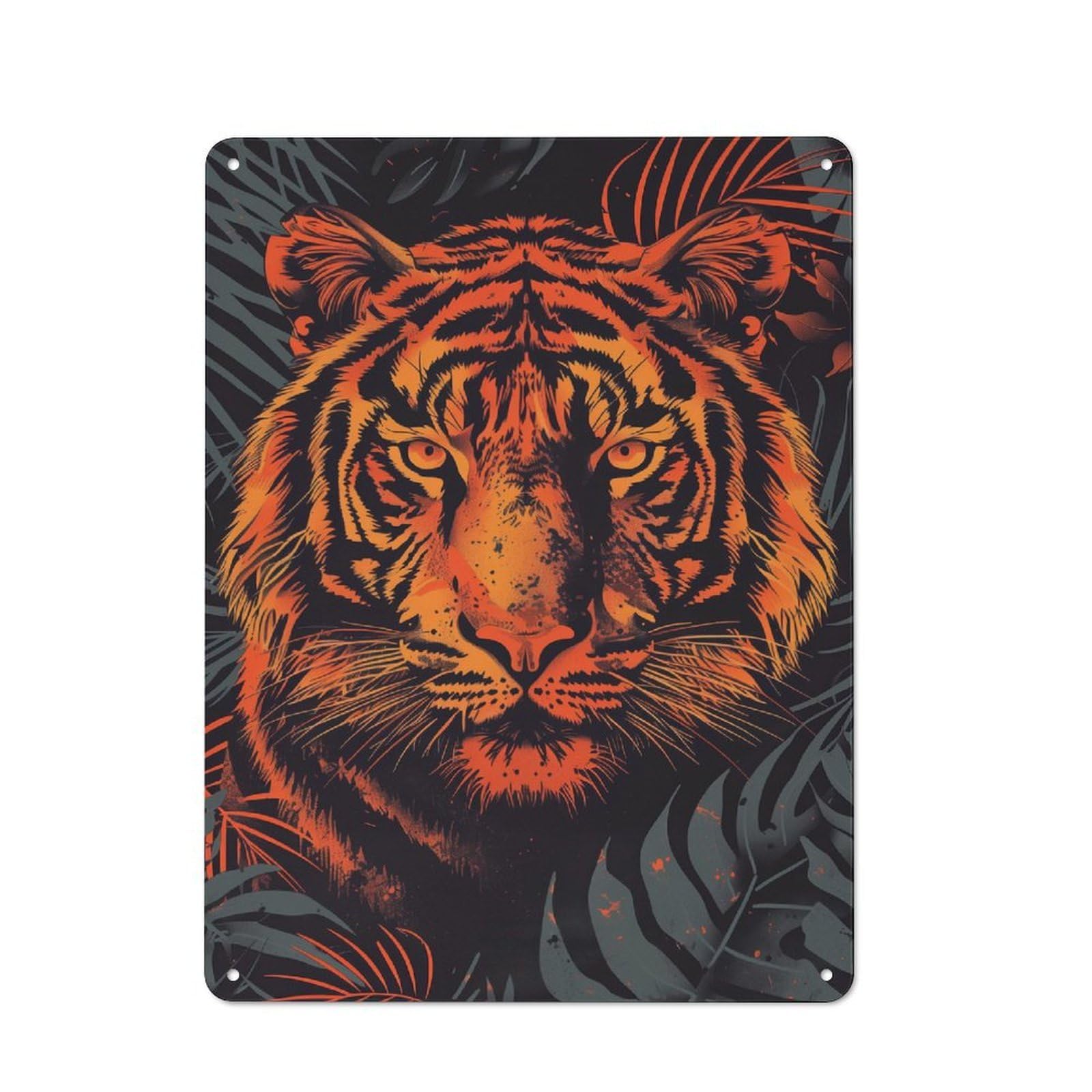 Junmoney Fierce Tiger Vector Portrait With Jungle Back Drop Tin Sign 40X30cm For Café Or Home Bar, Retro Wall Decor, For Garage, Workshop And Man Cave Decoration