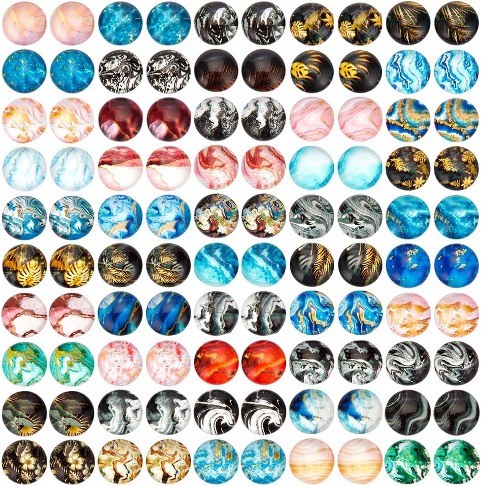 PH PandaHall 100pcs 10mm Ocean Theme Glass Cabochons, 50 Styles Starfish Shell Printed Glass Cabochons Round Flat Back Dome Cabochons Mosaic Tiles for Pendant Earring Necklace Jewelry Making