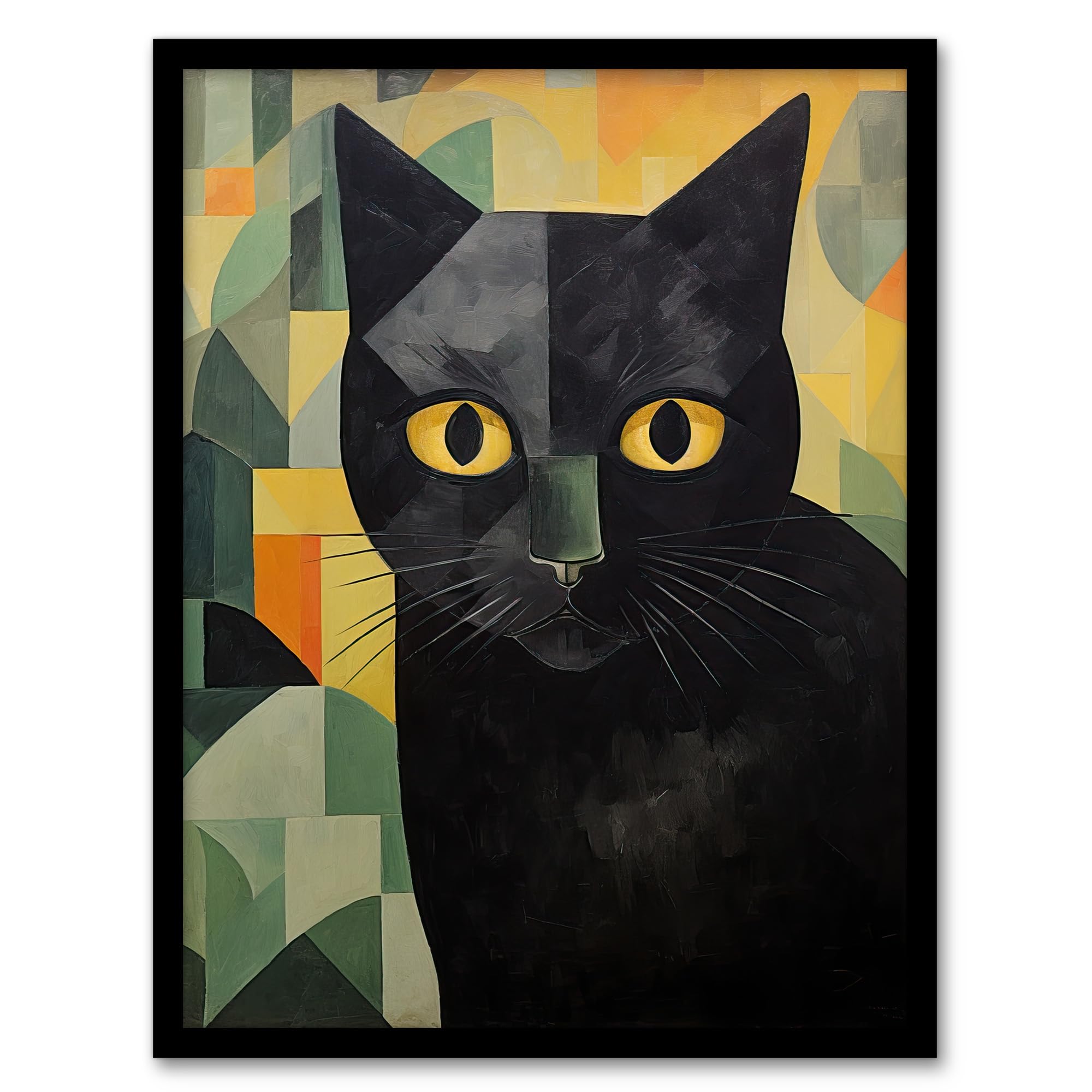 Black Cat Art Deco Geometric Art Print - Alex Robins - Framed Poster - Wall Decor - A4 Size