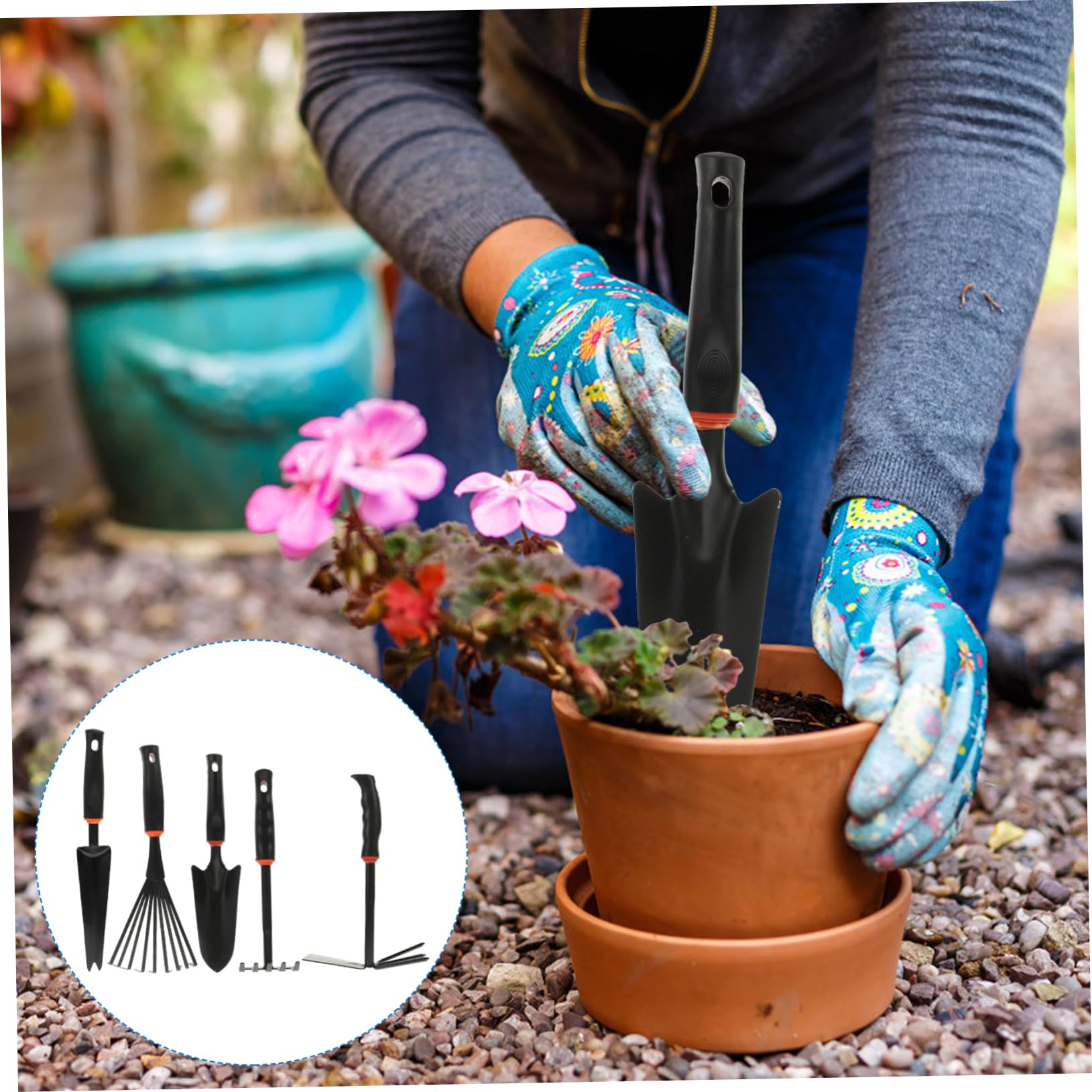Set di 5 Attrezzi da Giardino in Ferro Nero per Giardinaggio | Impugnatura in Vinile, Leggero e Portatile, Uso per Lavori in Fioreria e Cura Piante