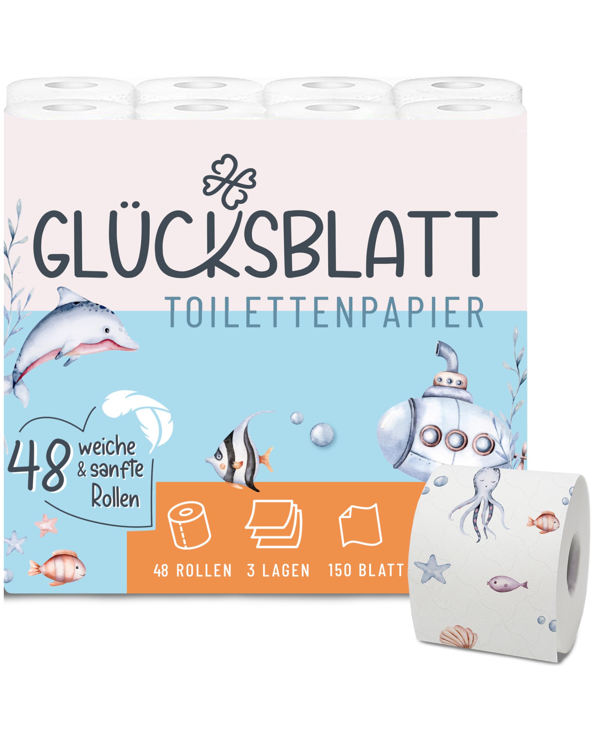 Glücksblatt Toilettenpapier 3-lagig, 48 Rollen mit bunten Druckmotiven | Premium Frischzellstoff mit bunten Motiven, 150 Blatt je Rolle, superweich & reißfest, PEFC™ zertifiziert, 30% Recyclingfolie