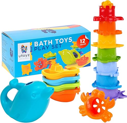 uToyz - Juguetes de baño para niños pequeños – Juguetes para niños pequeños con 12 tazas apilables de arco iris, botes y regadera para bebés en