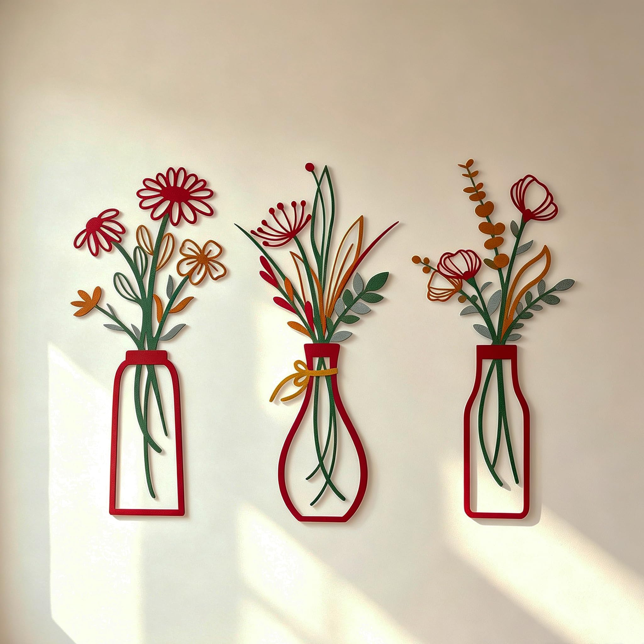 HUASUN Metal Floral Wall Art, Set of 3 Rustic Boho Farmhouse Hanging Sculptures, Modern Home Decor for Living Room, Bedroom, Kitchen (Red)