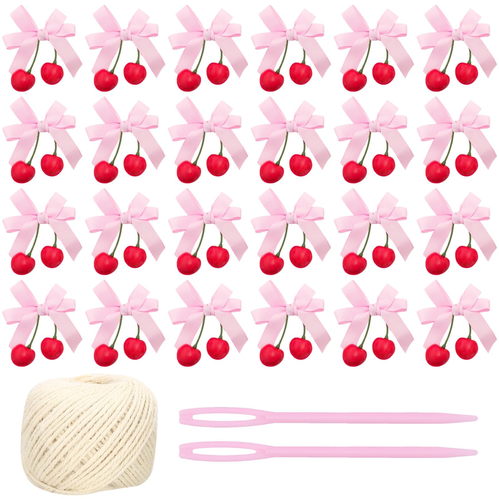 Tressify Kit DIY de 24 nœuds cerises roses, nœuds faits main avec 2 aiguilles à coudre, décoration guirlande nœuds cerises pour accessoires cheveux, décor anniversaire, fournitures de fête