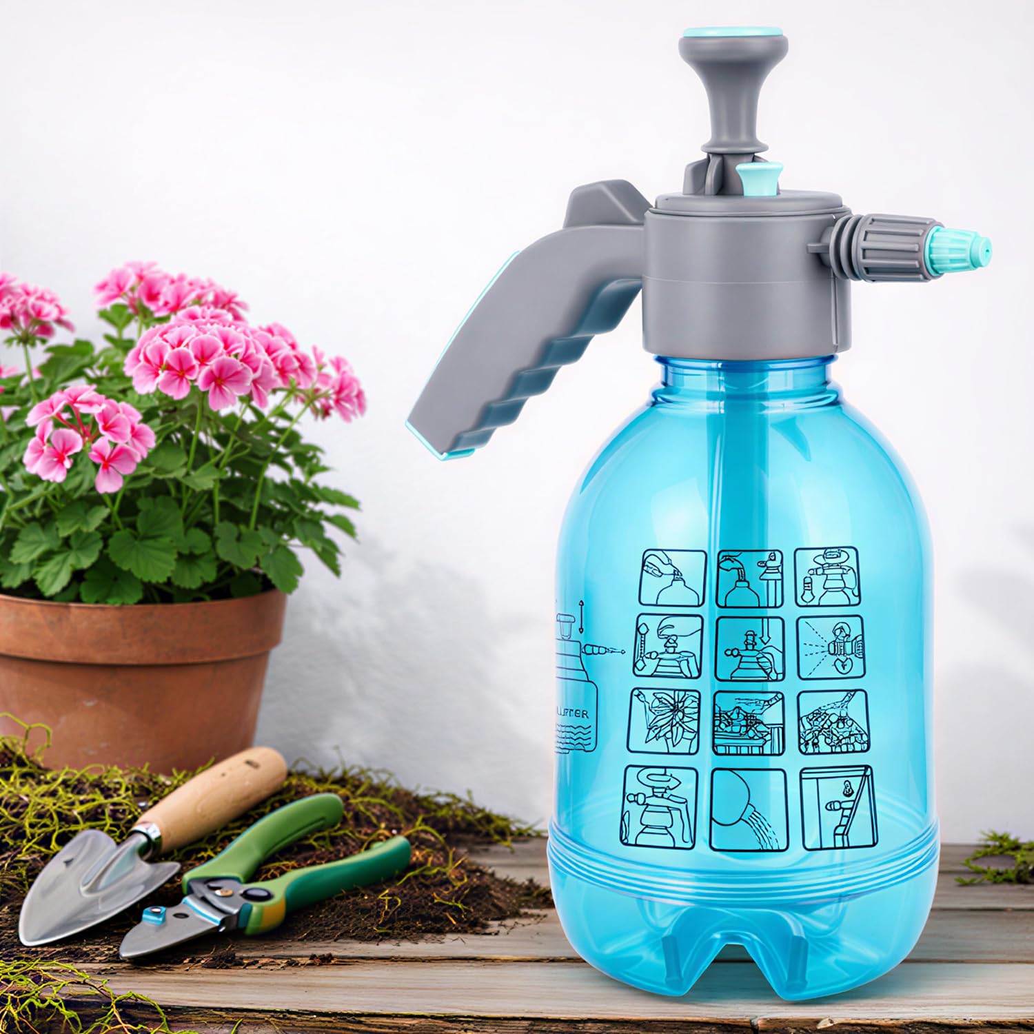 ORILEY 2L Multifunctional Manual Garden Sprayer Pressure Water Pump Bottle Handheld Mist Spray for Flowers Plant Watering Car Glass Home Cleaning (Blue)