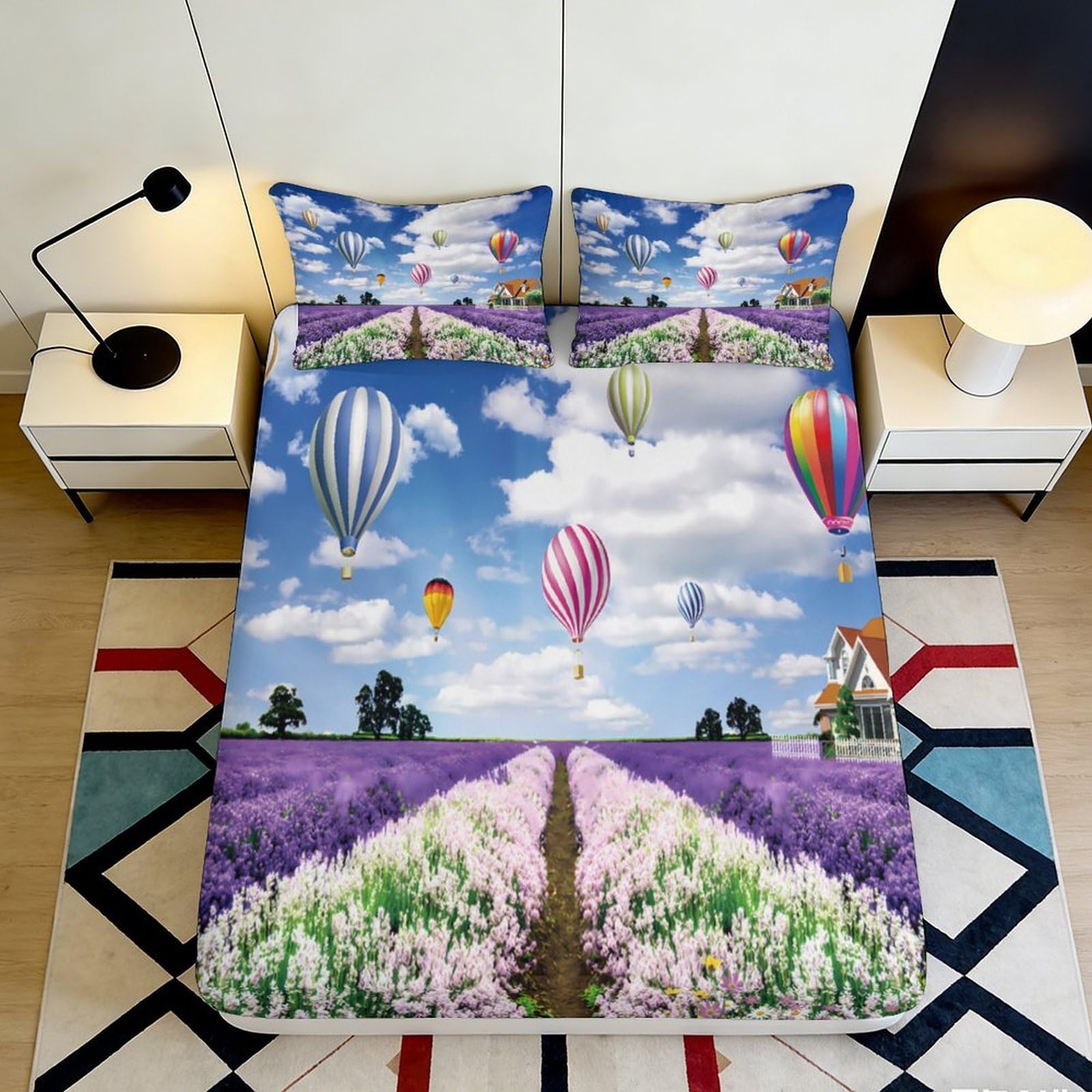 3D Printed Hot Air Balloon Lavender Field Fitted Sheet Microfiber Soft Bed Cover for Bedroom Guest Room Decor 90x200x25cm