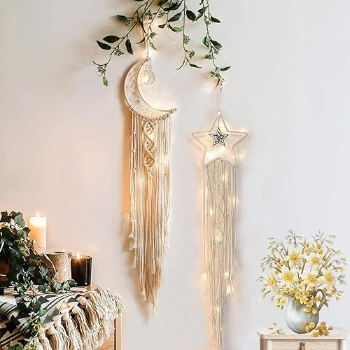 Moon Star Dream Catcher Decor,2pcs Boho Home Moon Star Dreamcatcher,Macrame Wall Hanging Boho Home Decor for Kids Baby Bedroom Decoration for Women Girls Friends Craft - Beige