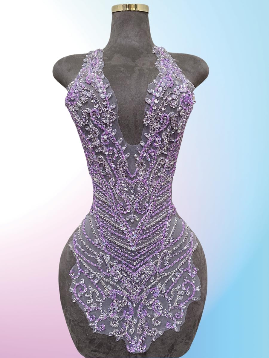 Handmade Rhinestones Large Bodice Applique Glass Stones Beads Bright Crystal Lace Patches Accessories for Weding Dress Decorations (Violet)