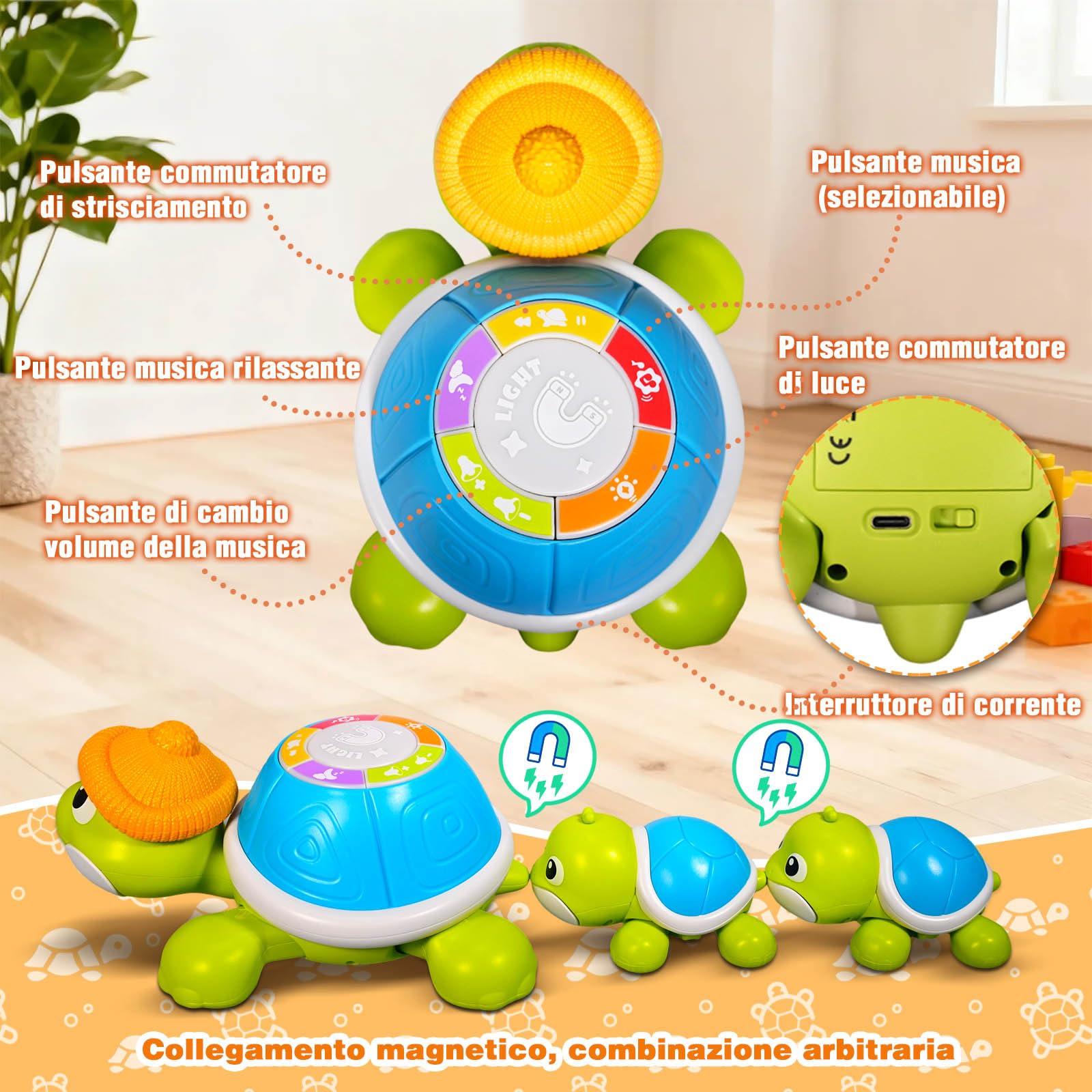 HILKKET Giocattolo strisciante per bebè, 3 pezzi, tartaruga che cammina con musica e luci, giocattolo per bambini 3-6-12 mesi regalo, 1 2 anni ragazza giocattoli di risveglio musicale, idea regalo per