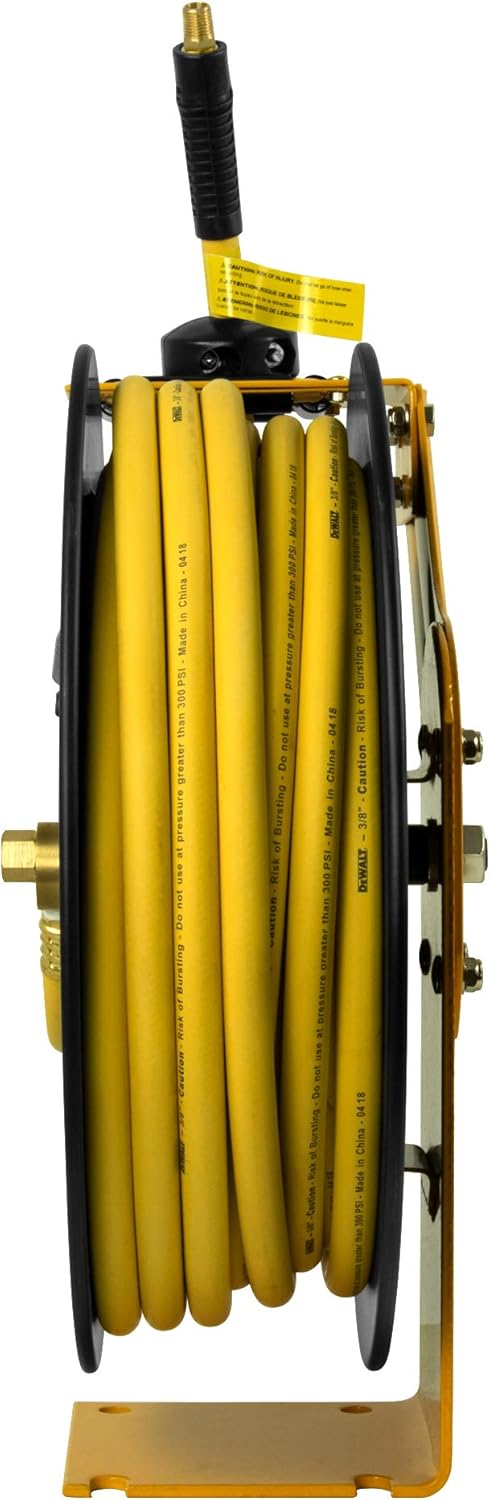 DEWALT 3/8 in. x 50 ft. Single Arm Air Hose Reel for Air Compressor, Auto Retracting Rubber Hose, Professional Grade, All Steel Construction, Retractable Hose, Durable and Efficient Design