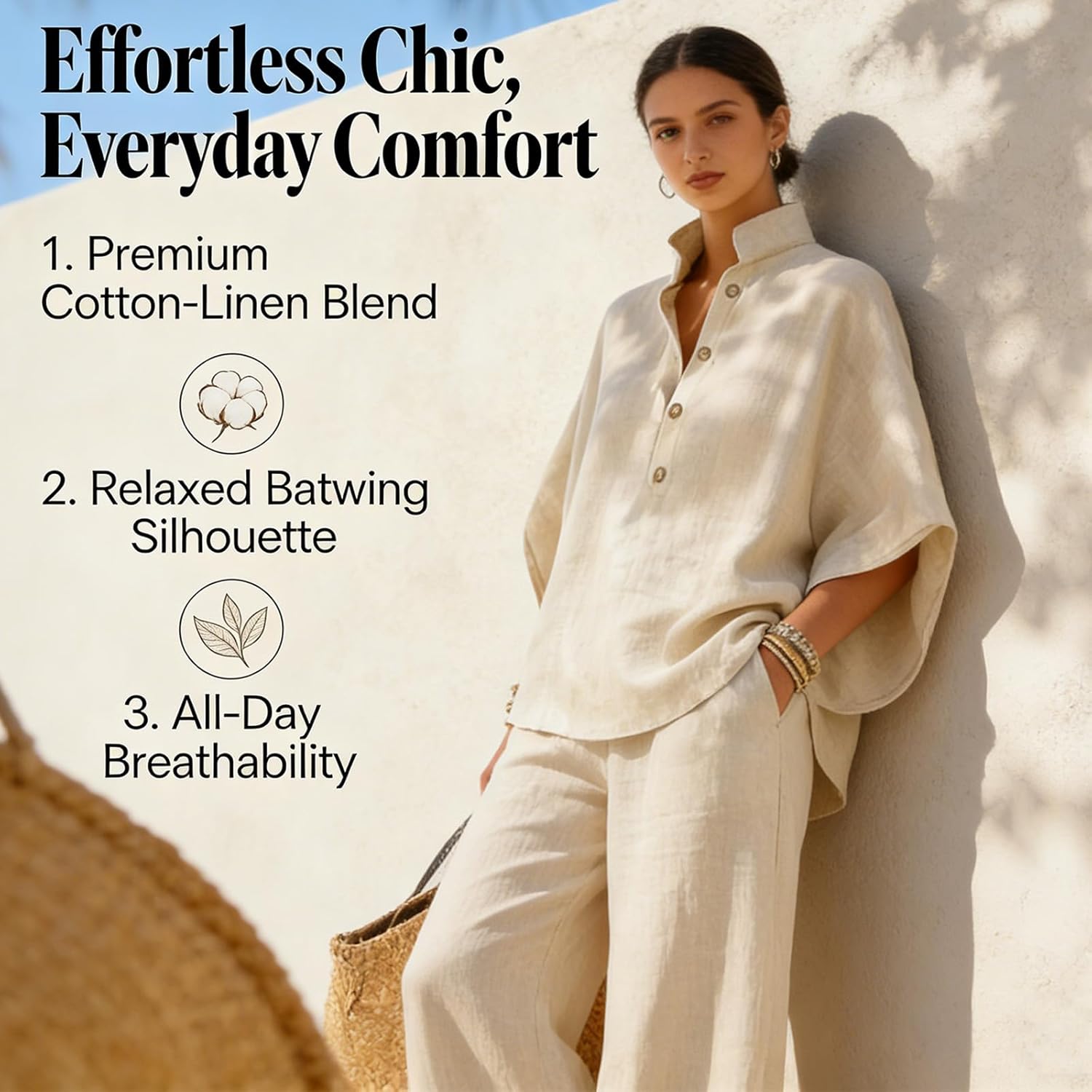 Women’s Batwing Sleeve Linen Cotton Two-Piece Set – Casual Shirt & Wide Leg Pants Outfit