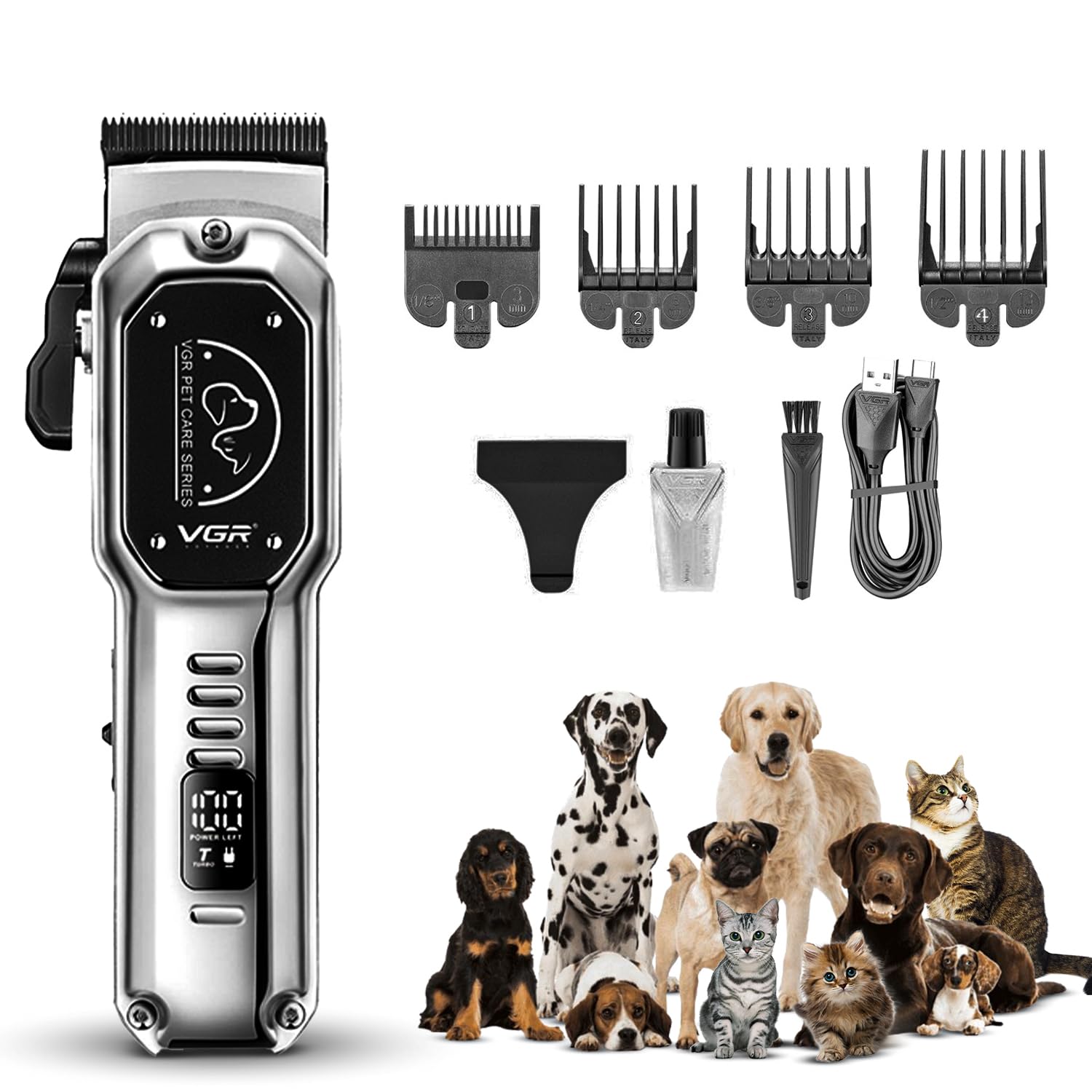 VGR V-201 Professional Pet Clipper - Turbo Function, LED Display, Ceramic & Stainless Steel Blades, 2000mAh Battery, 4 Guide Combs, USB Charging, 200-Minutes Runtime with 1 Year Warranty (Silver) (B0D9TFQH1V) Amazon Price History, Amazon Price Tracker