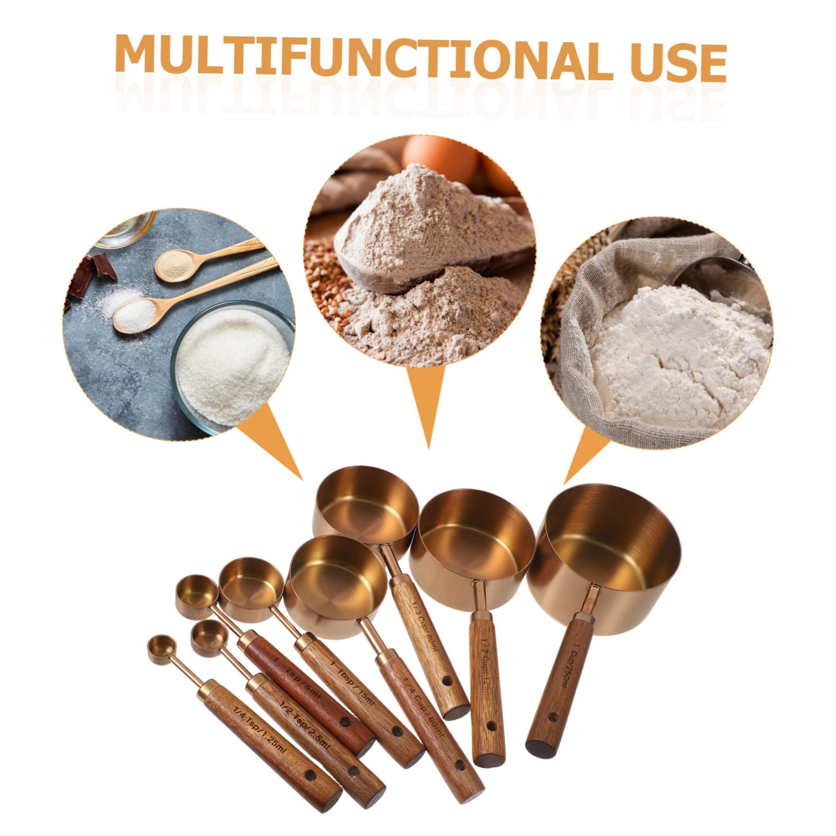 Ensemble de 8 Pièces Ustensiles Cuisine en Acier Inoxydable et Bois, Cuillères à Mesurer pour Ingrédients Liquides et Secs, Compatibles Lave-vaisselle, pour Préparation Café