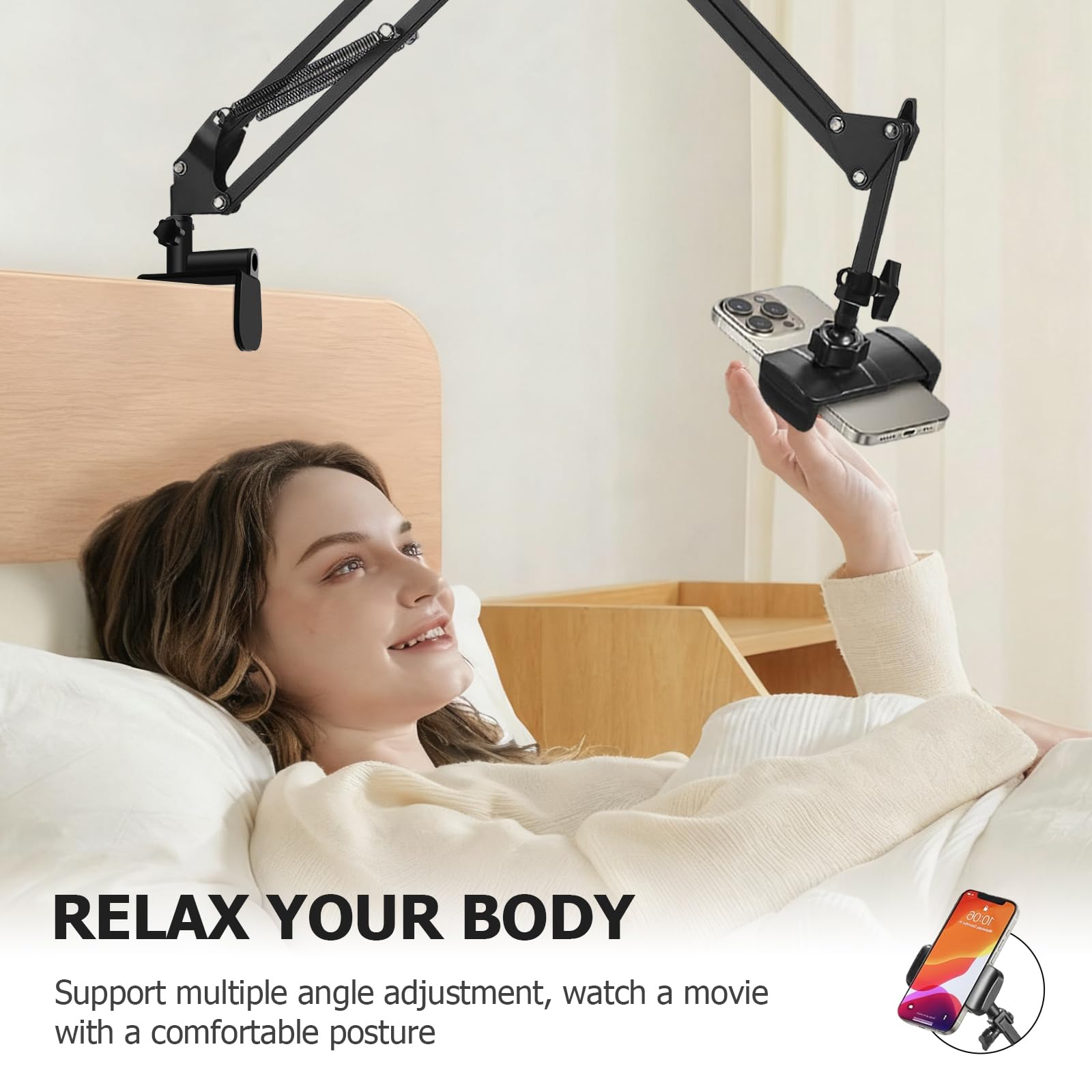 Support Telephone Lit, Support de Téléphone Portable avec Bras Articulé et Clip de Câble Porte de Téléphone Portable Flexible Bureau Bras Articulé Flexible pour Smartphone de 4 à 7 Pouce