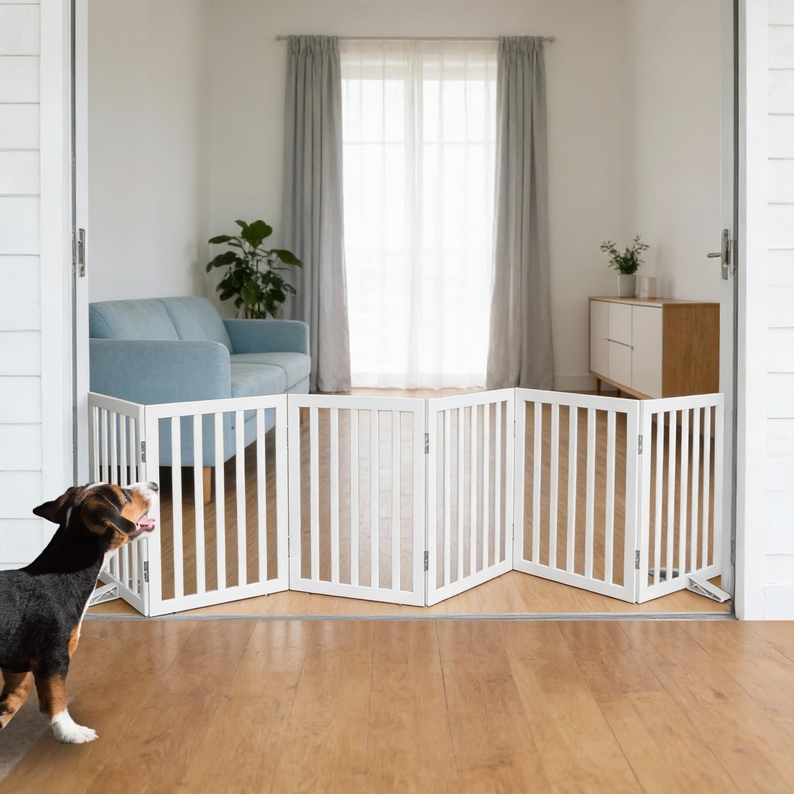 SFJC Dog Gate Indoor, Freestanding Dog Fence for The House, Doorways, Hallways,or Stairs,Pet Gate Foldable Wooden,Expandable 24" Height 6 Panels,White