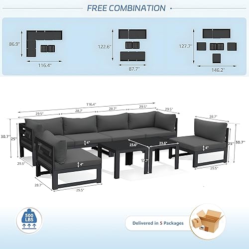 Miniatura 617 de NICESOUL 7 Piece White Powder-Coated Aluminum Patio Furniture with Fire Pit Table, 29 Inch Extra Wide Outdoor Sectional Sofa for 6, High-End Heavy