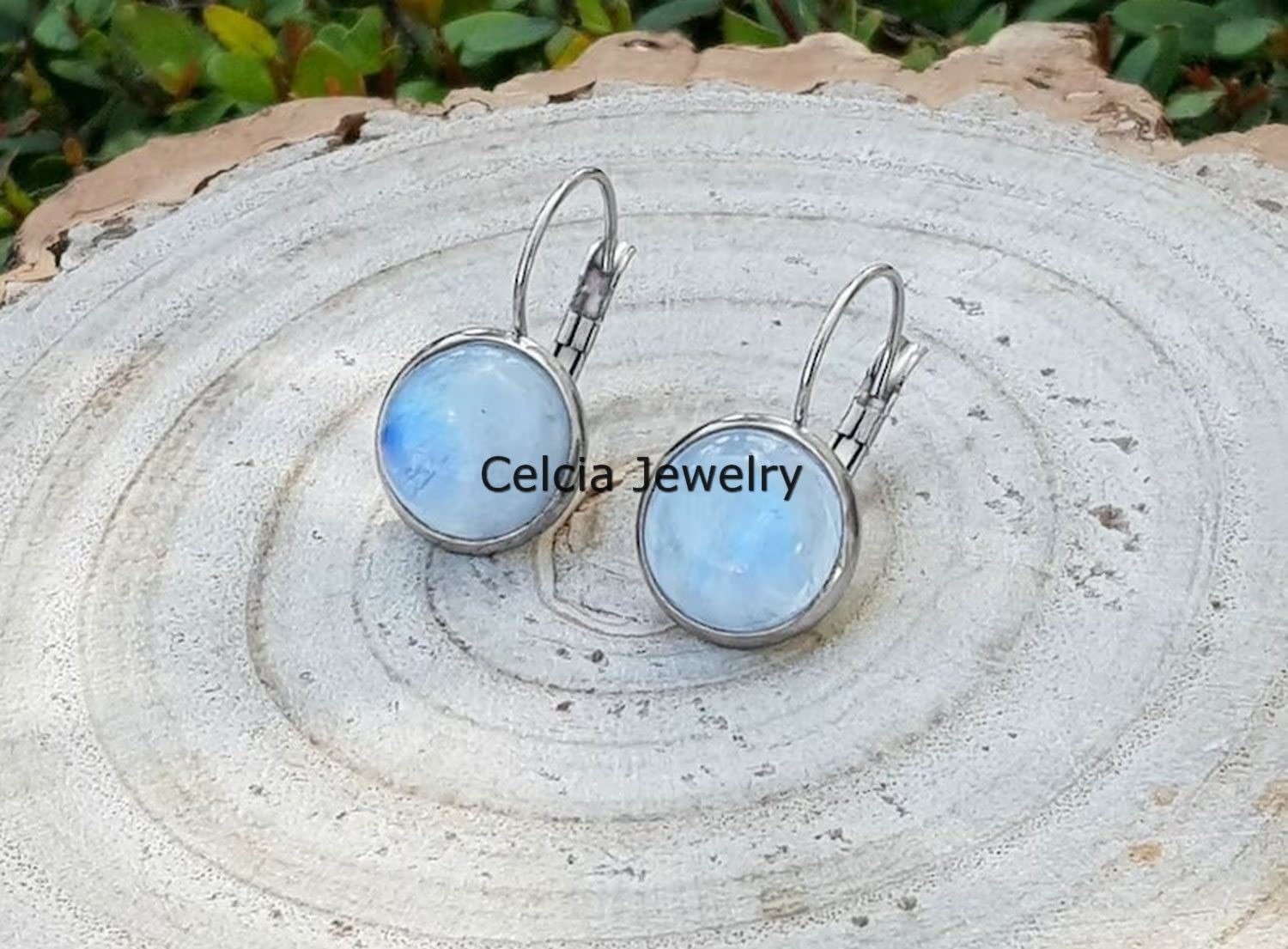 Pendientes de palanca de plata de ley 925 maciza para mujer, piedra lunar arcoíris natural Piedra preciosa redonda Increíble hecho a mano Regalos de piedra natal de junio
