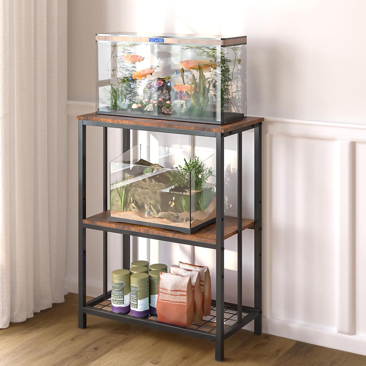 10-20 Gallon Fish Tank Stand, 3-Tier Metal 20 Gallon Aquarium Stand Heavy Duty 5-10 Gallon Reptile Stand with Adjustable Storage Shelf for Breeder/Turtle/Terrarium Tank-24.8" L*11.8" W*30.7" H