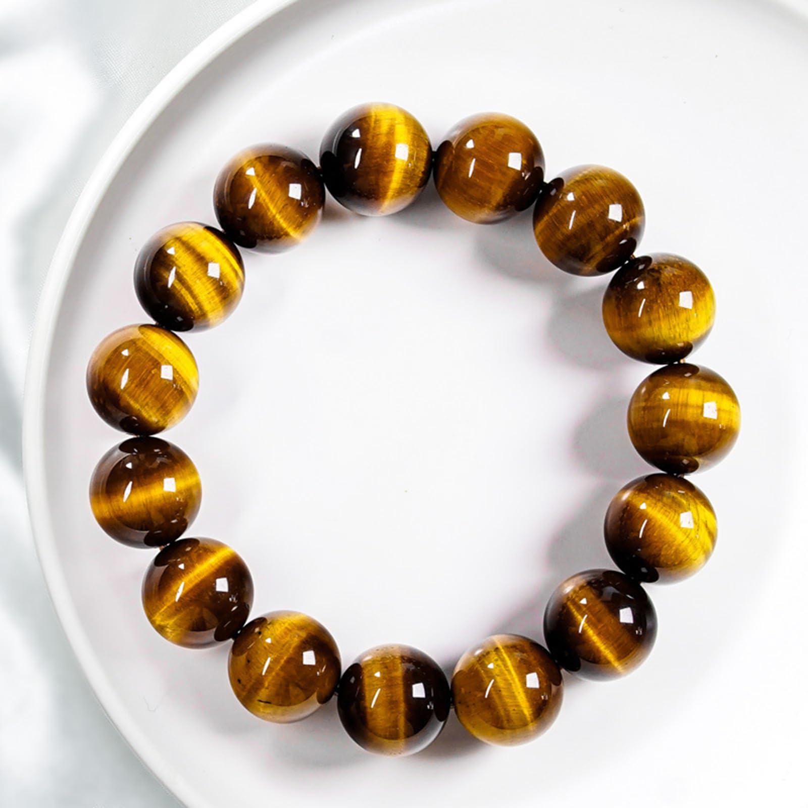 Bracciale in Pietra Naturale Occhio di Tigre Giallo - Bracciale Rigido con Perline Lucide Unisex, Gioielli Geometrici in Cristallo,10mm