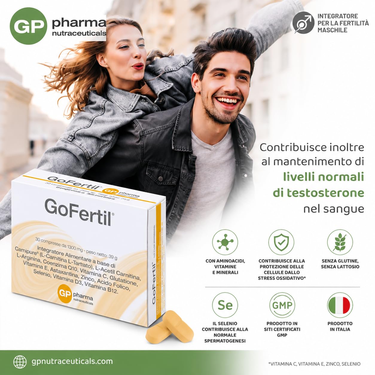 GoFertil® GP Nutraceuticals Integratore Fertilità Maschile, L-Carnitina Carnipure®, Arginina, Coenzima Q10, Zinco, Selenio, Glutatione, Astaxantina, Vitamine C E D3 B12, potenzia la fertilità