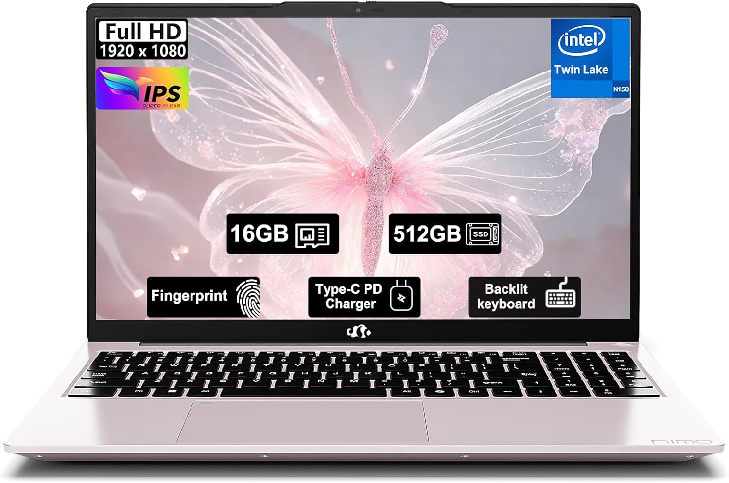 NIMO-15.6" Student-Laptop, 13th Gen Intel N150,16GB RAM 512GB SSD(Beat to i3-1115G4, Up to 3.6GHz), Backlit Keyboard Fingerprint FHD Computer Wi-Fi 6 BT5.2 65W Type-C