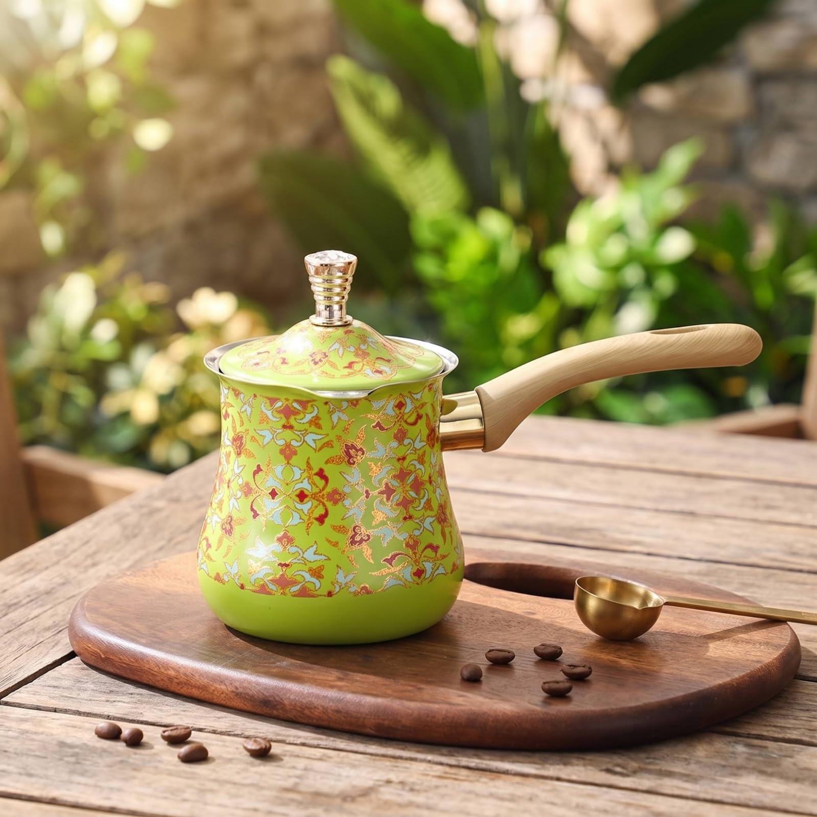 Sharplace Türkischer Kaffeekocher Kaffeekanne Saucentopf aus Edelstahl mit Holzgriff Und Ausgusstülle Glänzende Beschichtung Dekorativer Deckelknauf für Kochen Büro Zuhause, 720ML, Pattern 10