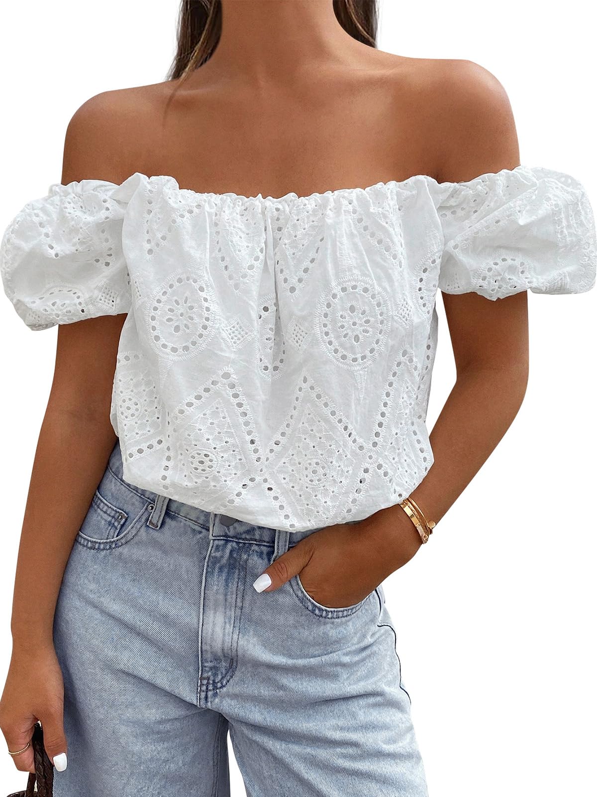 PRETTYGARDEN Women's Summer Off The Shoulder Tops 2026 Dressy Casual Puff Short Sleeve Embroidered Eyelet Cute Blouse Shirts