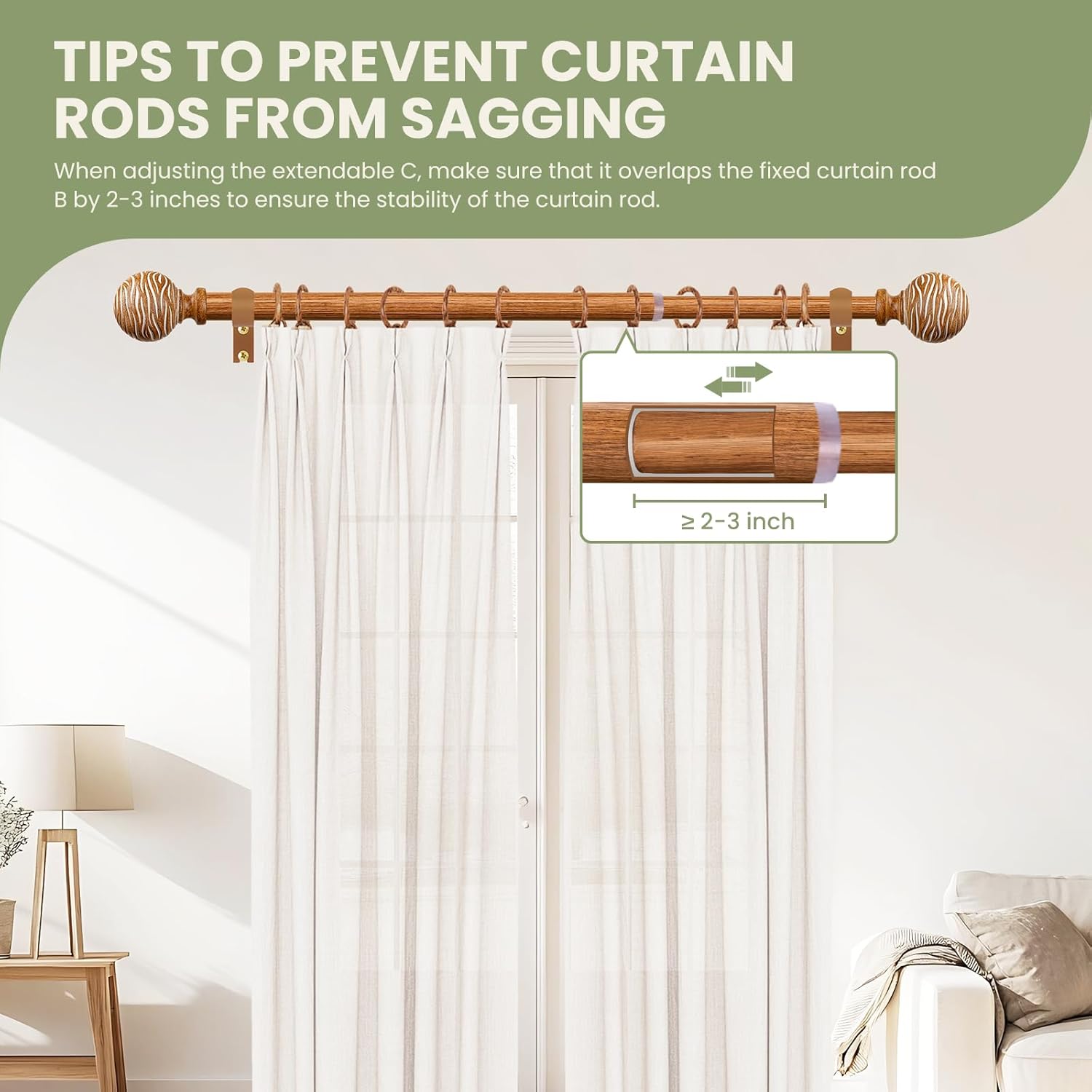 TKZTKZ Boho Wood Curtain Rods for Windows 36-88",1 Inch Heavy Duty Wooden Curtain Rod,Decorative Rustic Farmhouse Drapery Rods for Bedroom Living Room Kitchen Nursery (Iron Rod with Wood Grain Finish)