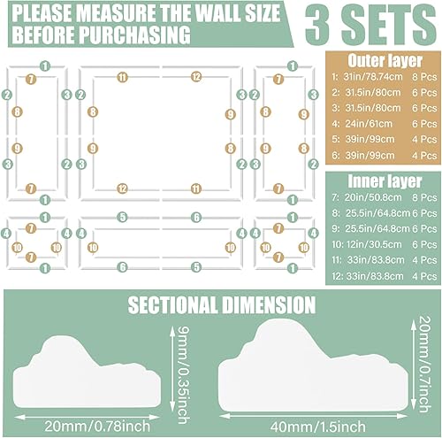 Miniatura 2 de Pangda Kit de 3 molduras de pared autoadhesivas estilo capa interior y exterior, panel de zócalo prefabricado para decoración de molduras de pared