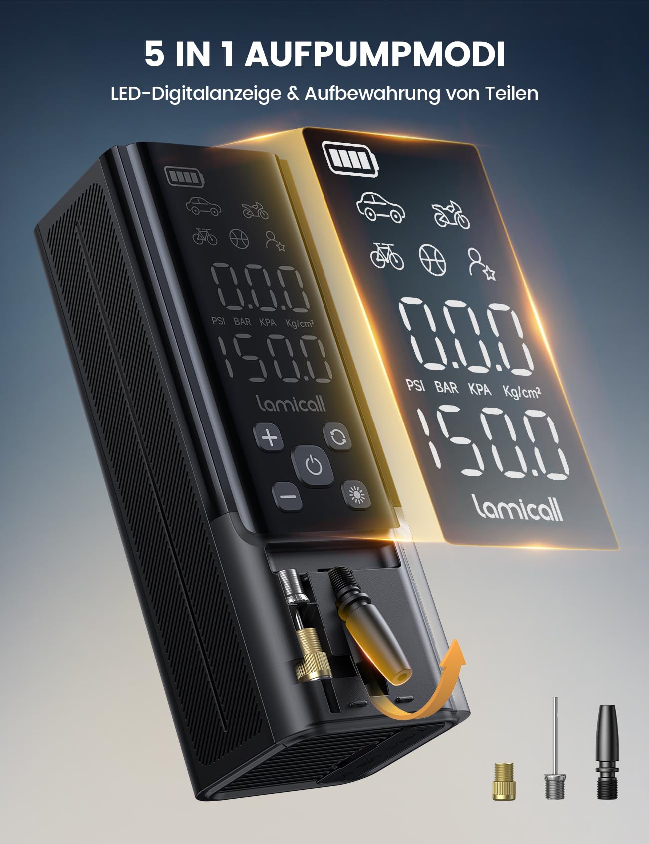 Lamicall Elektrische Luftpumpe, Akku Fahrradpumpe - [Upgrade Metallzylinder] 150PSI Schnelles Tragbare Kompressor mit Digital Manometer & Powerbank, Kabelloser Pumpe für Auto Fahrrad Motorrad Roller