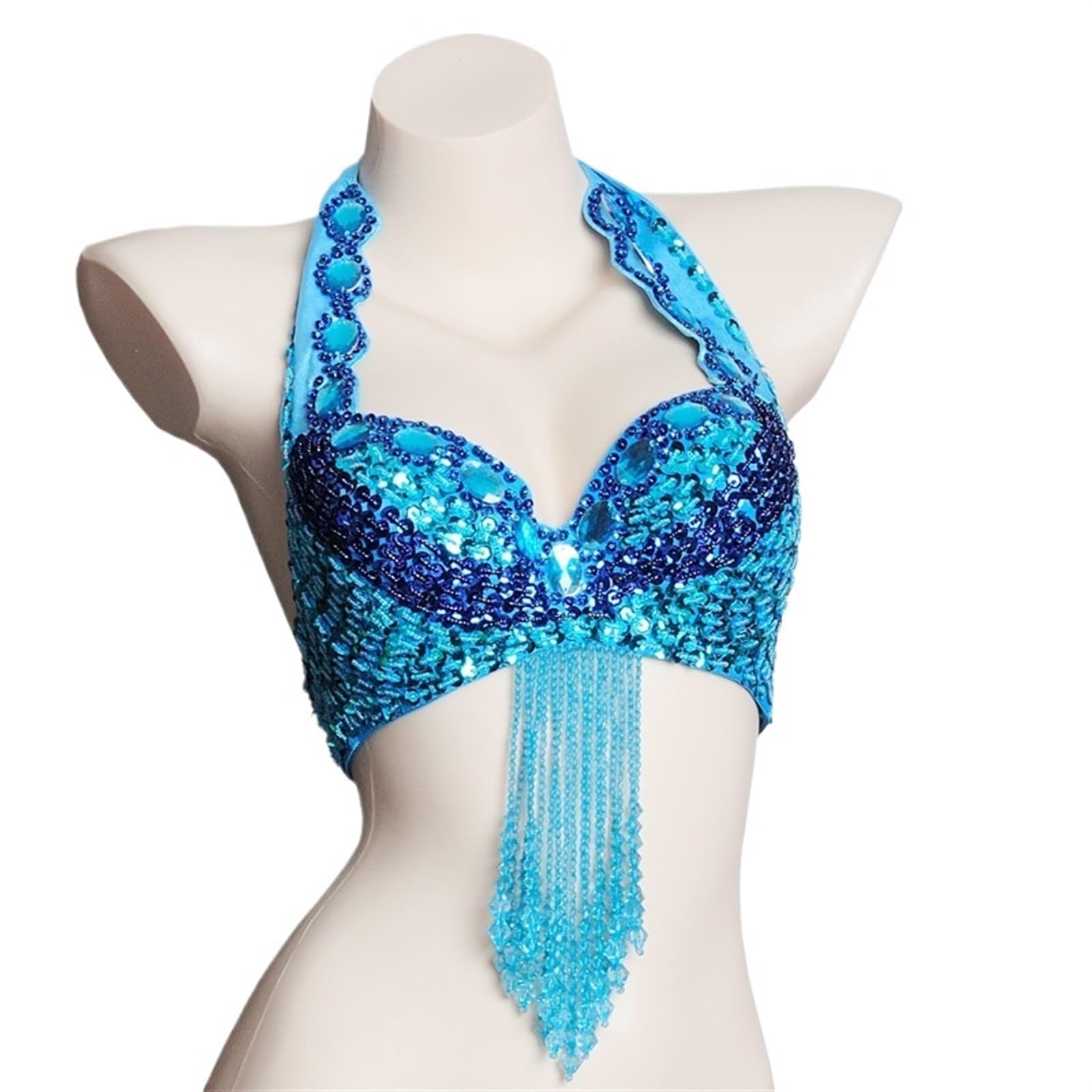 LIUHLFSR Women Halter Bra Fringe Sequined Beads Dance Costume Tassel Belly Dancing Top Sexy Night for Dancing Carnival Party(S)