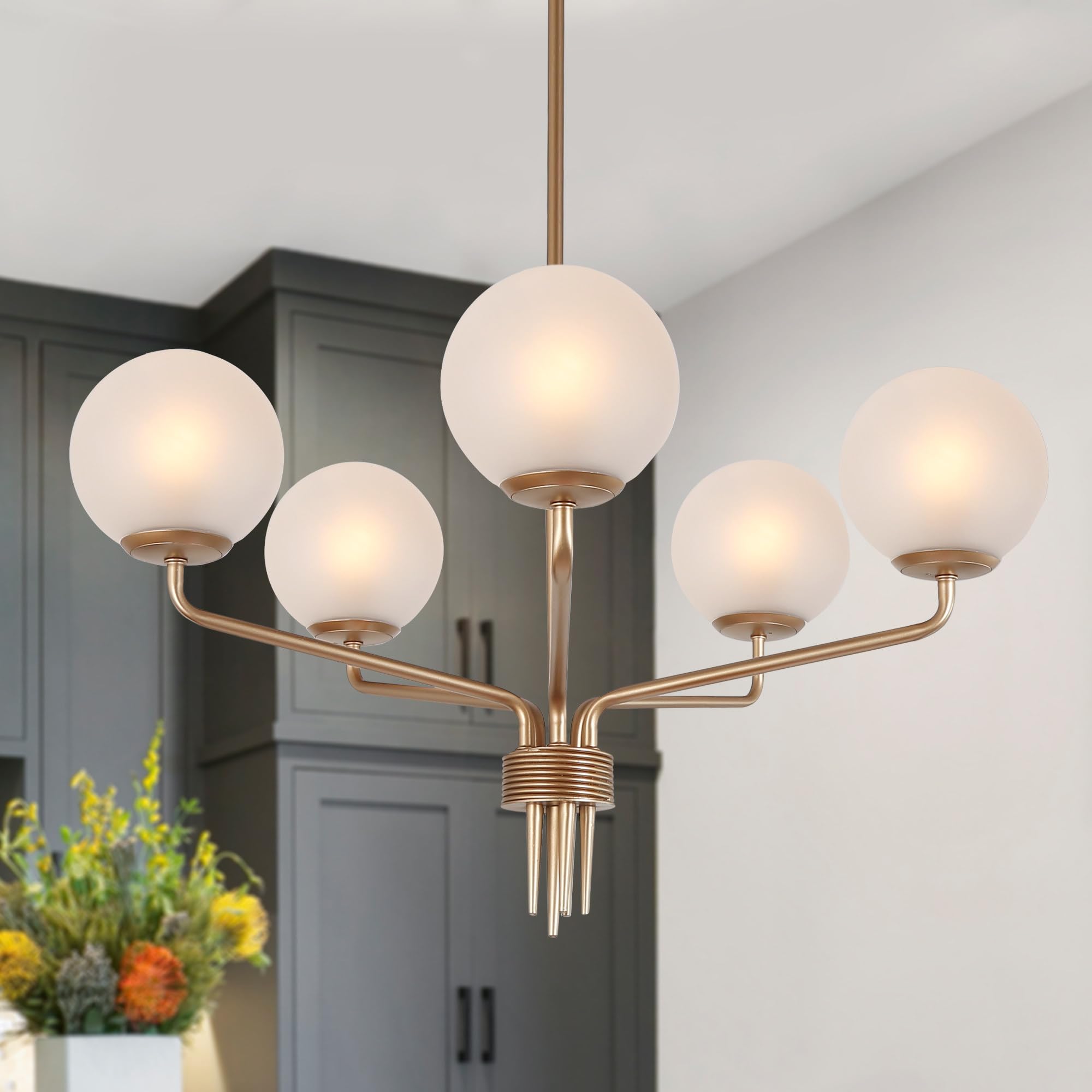 Durent Lighting 5-Light Gold Chandelier, Dining Room Chandelier, Glass Globe Pendant Chandelier for Foyer, Living Room, Kitchen, 24 in, E12
